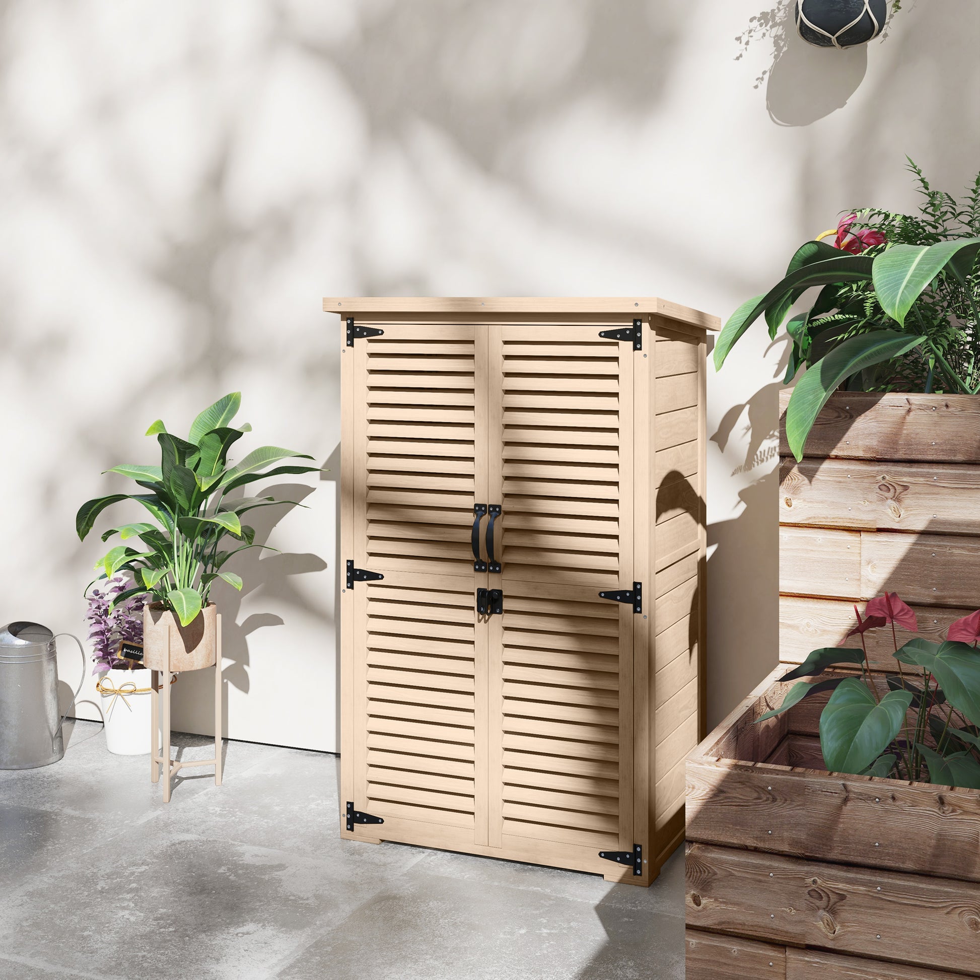 Outsunny Caseta de Jardín de Madera, 75x50x118 cm, Cobertizo Jardín Exterior, Armario para Almacenaje Herramientas, con 2 Puertas de Persiana 2 Estantes y Techo Impermeable para Patio Terraza, Natural