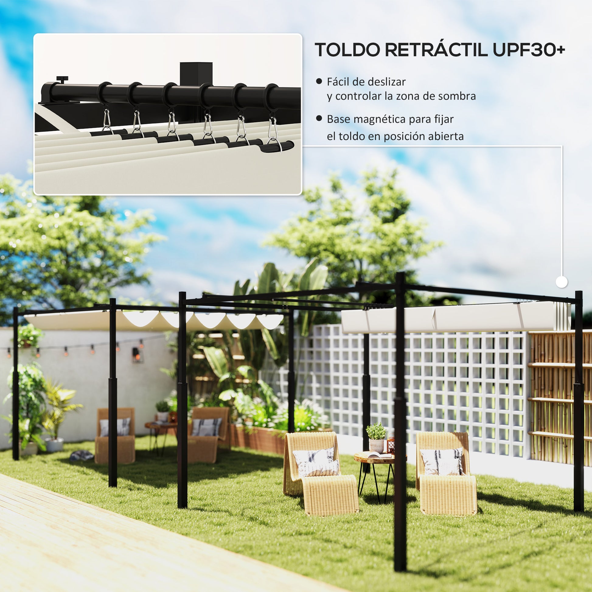 Outsunny Pérgola de Jardín 3x3 m con Techo Retráctil y Accesorio Magnético, Cenador de Jardín con Protección UV30+, Columnas Metálicas y Ganchos, Pabellón para Patio, Terraza, Exterior, Blanco Crema