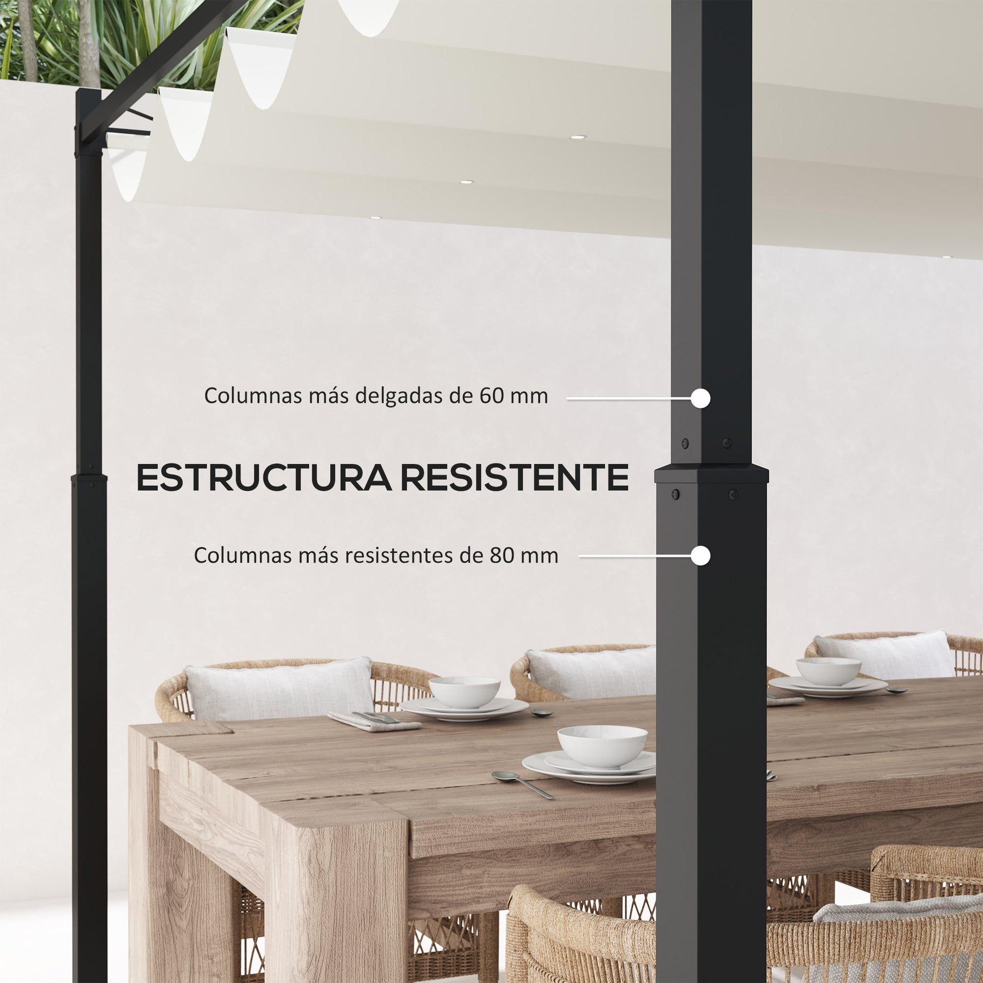 Outsunny Pérgola de Jardín 3x3 m con Techo Retráctil y Accesorio Magnético, Cenador de Jardín con Protección UV30+, Columnas Metálicas y Ganchos, Pabellón para Patio, Terraza, Exterior, Blanco Crema
