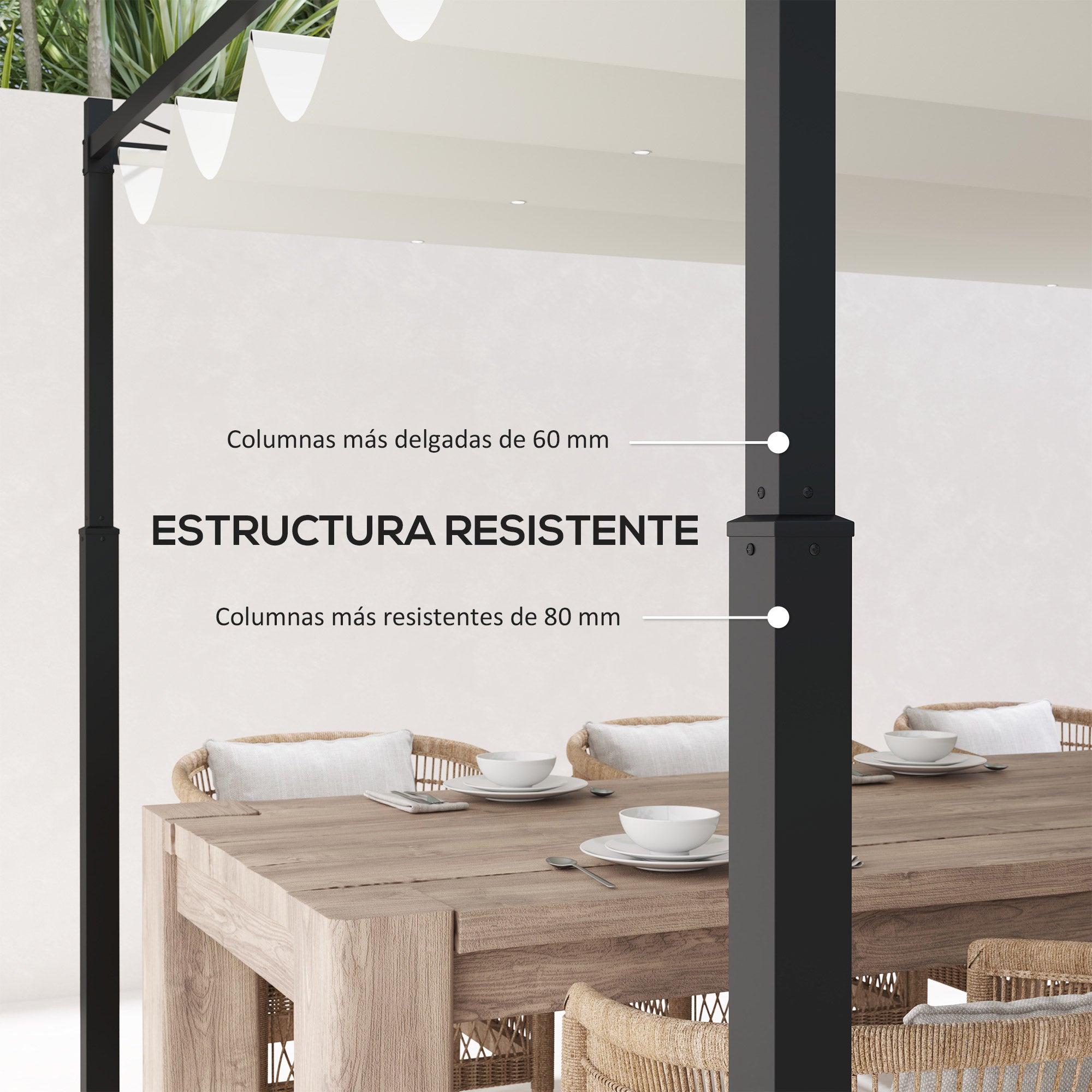 Outsunny Pérgola de Jardín 3x3 m con Techo Retráctil y Accesorio Magnético, Cenador de Jardín con Protección UV30+, Columnas Metálicas y Ganchos, Pabellón para Patio, Terraza, Exterior, Blanco Crema
