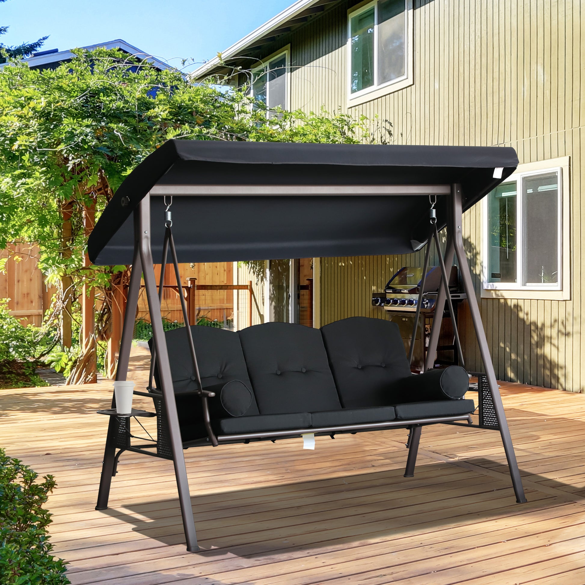 Outsunny Balancín de Jardín Exterior de 3 Plazas Columpio de Jardín Exterior con Toldo Ajustable Bandejas Laterales 2 Almohadas y Marco de Metal Carga 360 kg 208x121x172 cm Negro