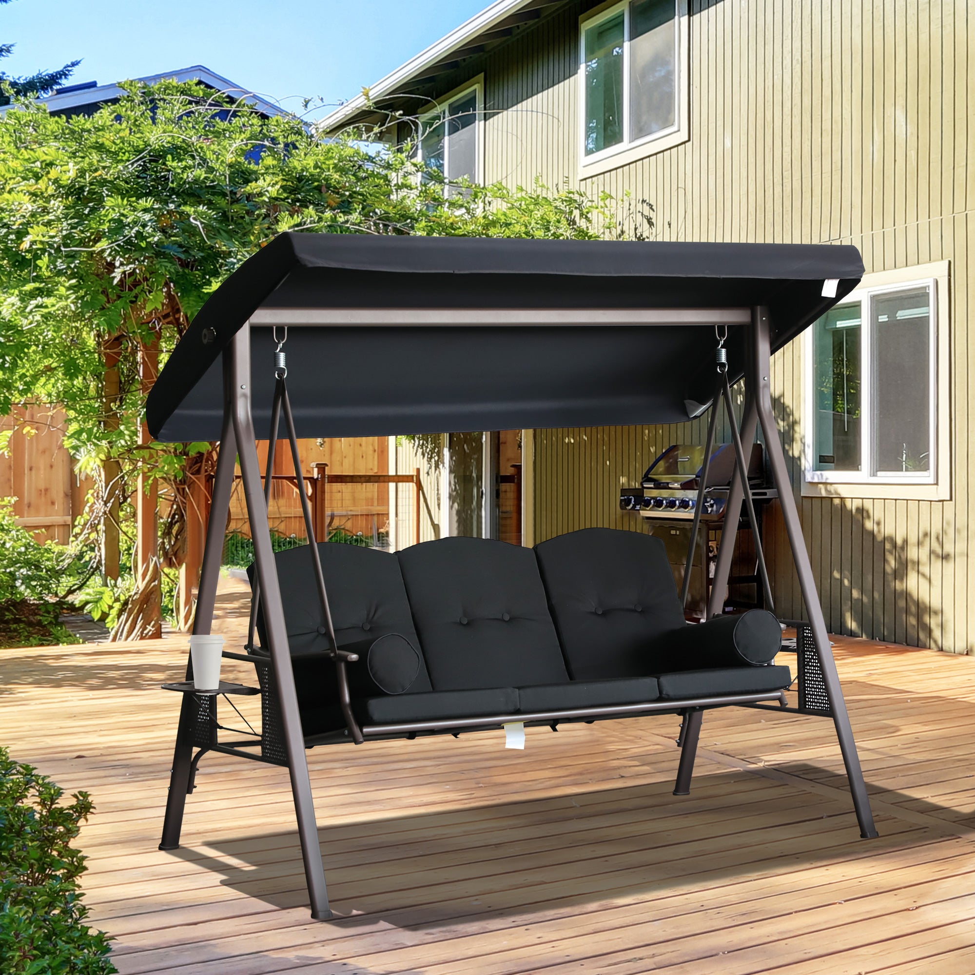 Outsunny Balancín de Jardín Exterior de 3 Plazas Columpio de Jardín Exterior con Toldo Ajustable Bandejas Laterales 2 Almohadas y Marco de Metal Carga 360 kg 208x121x172 cm Negro