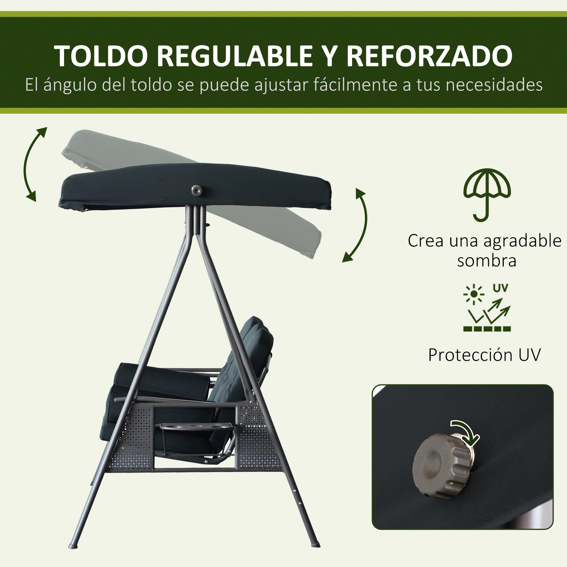 Outsunny Balancín de Jardín Exterior de 3 Plazas Columpio de Jardín Exterior con Toldo Ajustable Bandejas Laterales 2 Almohadas y Marco de Metal Carga 360 kg 208x121x172 cm Negro