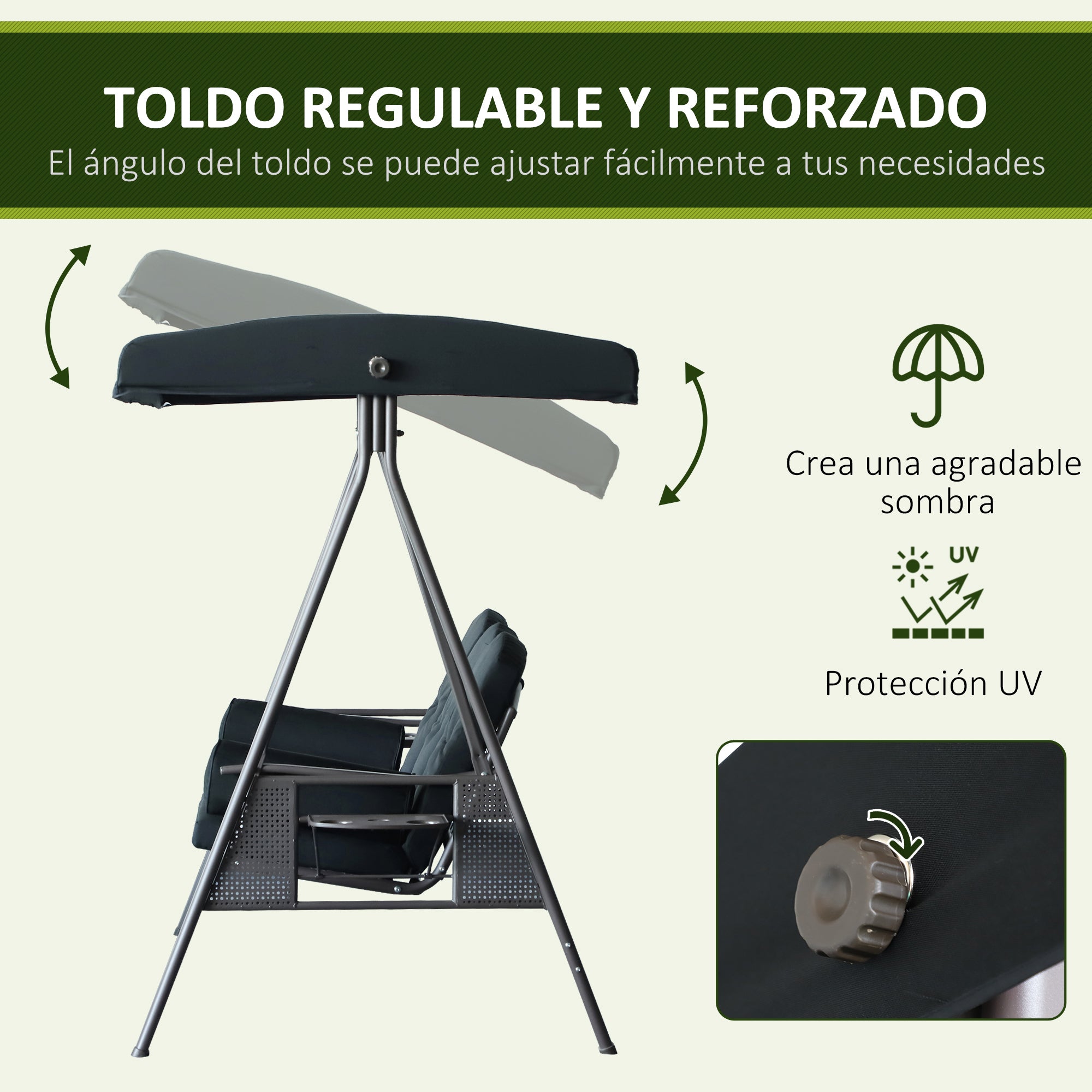 Outsunny Balancín de Jardín Exterior de 3 Plazas Columpio de Jardín Exterior con Toldo Ajustable Bandejas Laterales 2 Almohadas y Marco de Metal Carga 360 kg 208x121x172 cm Negro