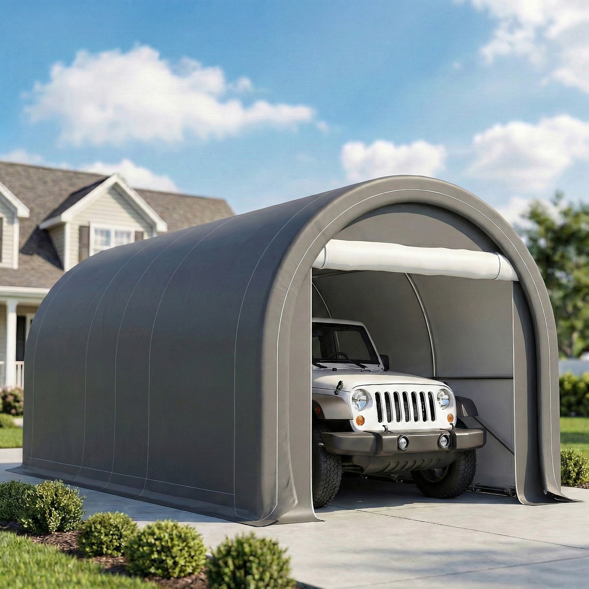 Outsunny Carpa Garaje Portátil 3x5 m, Garaje Exterior para Coche Impermeable con Puerta Enrollable con Cremallera, Estructura de Acero Galvanizado, UPF30+, Cobertizo de Almacenamiento, Gris