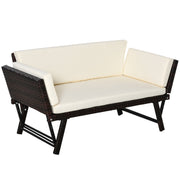 Outsunny Sofá de Ratán de 2 Plazas Convertible en Cama Individual con Reposabrazos Abatibles y Cojines Acolchados Sofá Doble para Exterior Jardín Patio Terraza 129x63x67 cm Beige