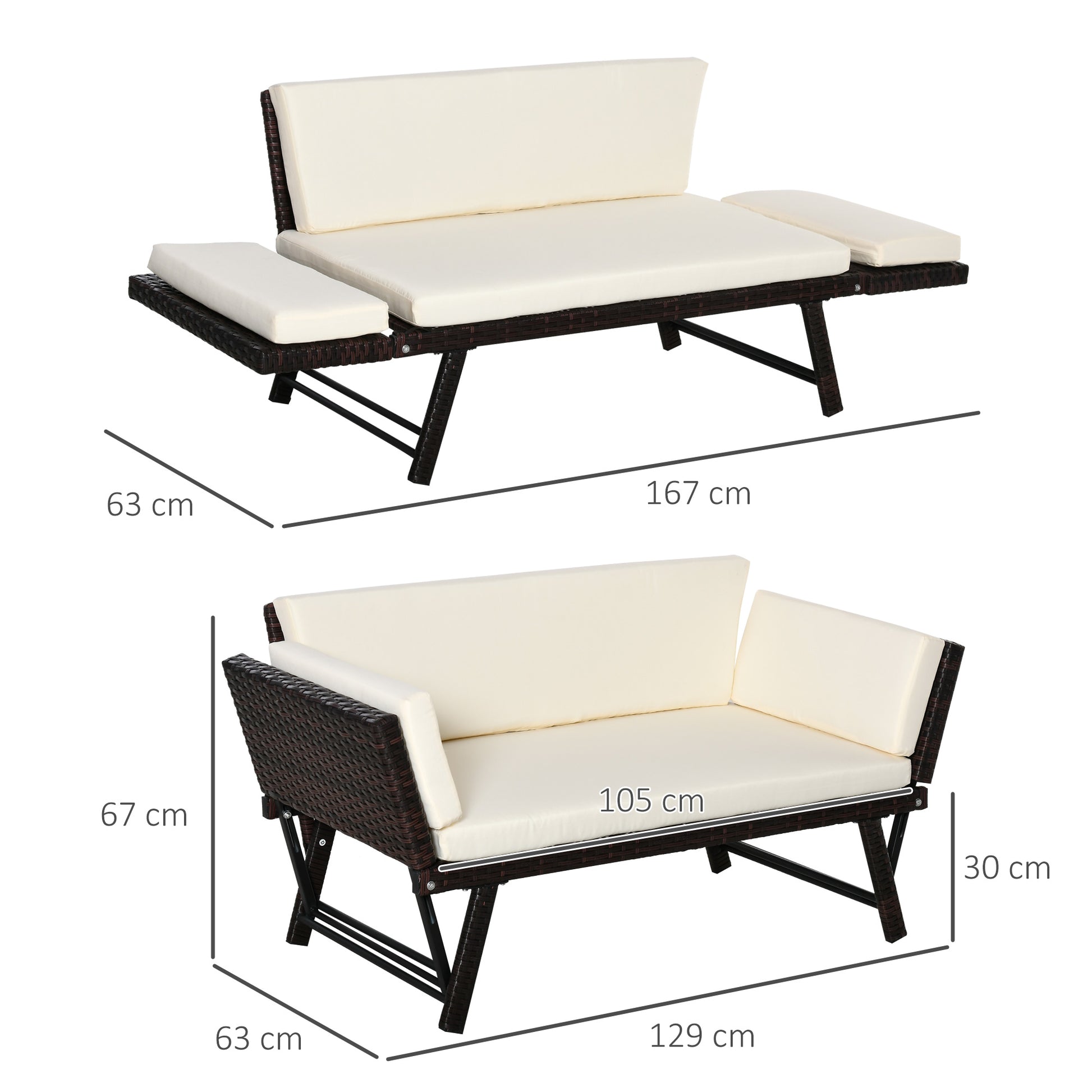 Outsunny Sofá de Ratán de 2 Plazas Convertible en Cama Individual con Reposabrazos Abatibles y Cojines Acolchados Sofá Doble para Exterior Jardín Patio Terraza 129x63x67 cm Beige