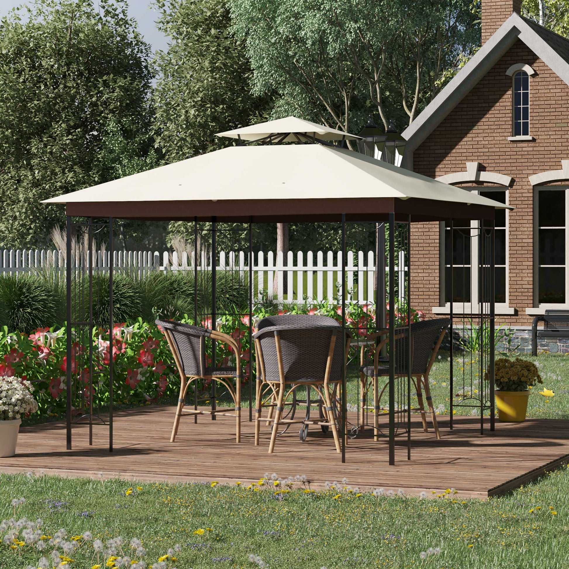 Outsunny Cenador de Jardín 3x3 m Pabellón para Exterior con Doble Techo de Ventilación y Marco de Acero Anti-UV para Fiestas Eventos Patio al Aire Libre Beige