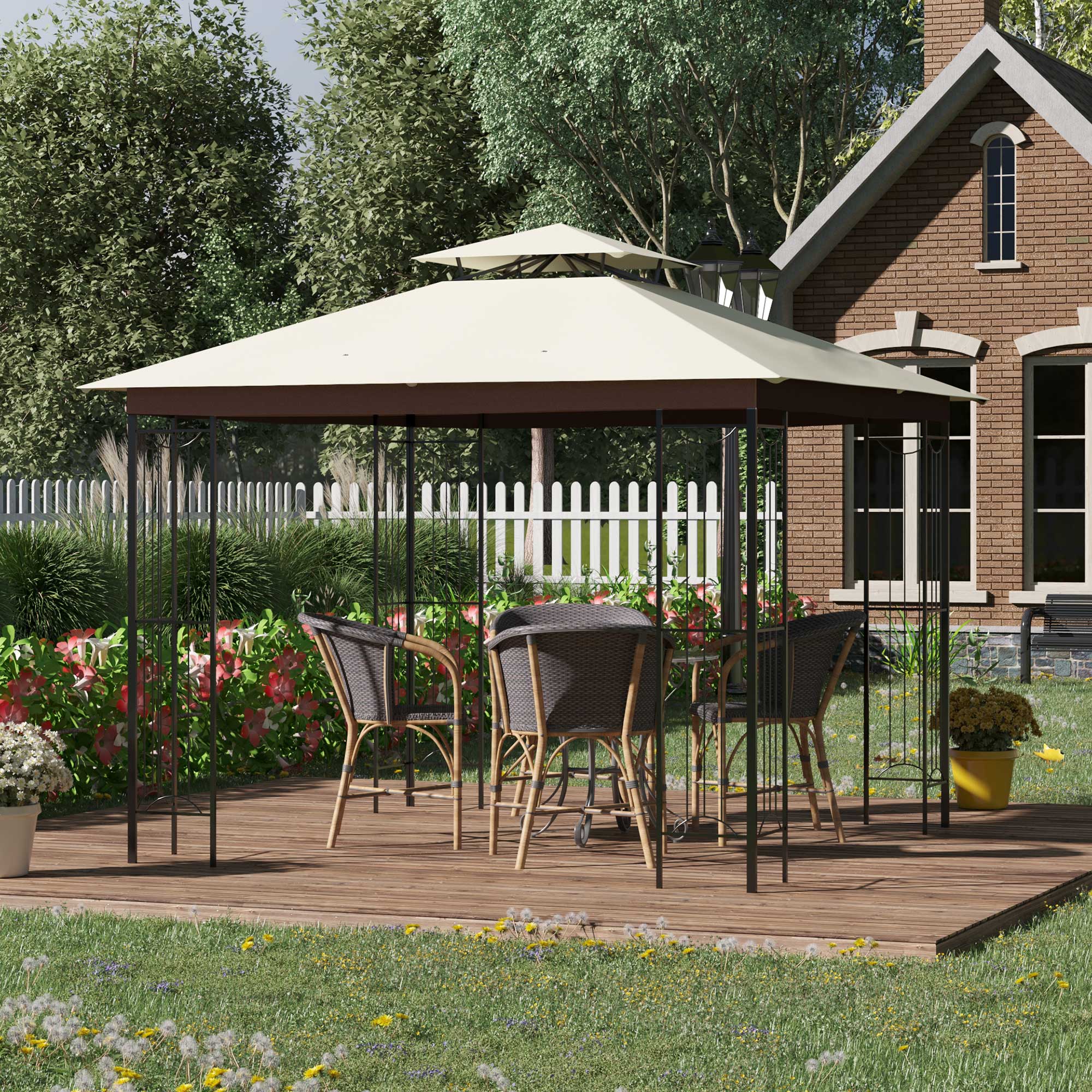 Outsunny Cenador de Jardín 3x3 m Pabellón para Exterior con Doble Techo de Ventilación y Marco de Acero Anti-UV para Fiestas Eventos Patio al Aire Libre Beige