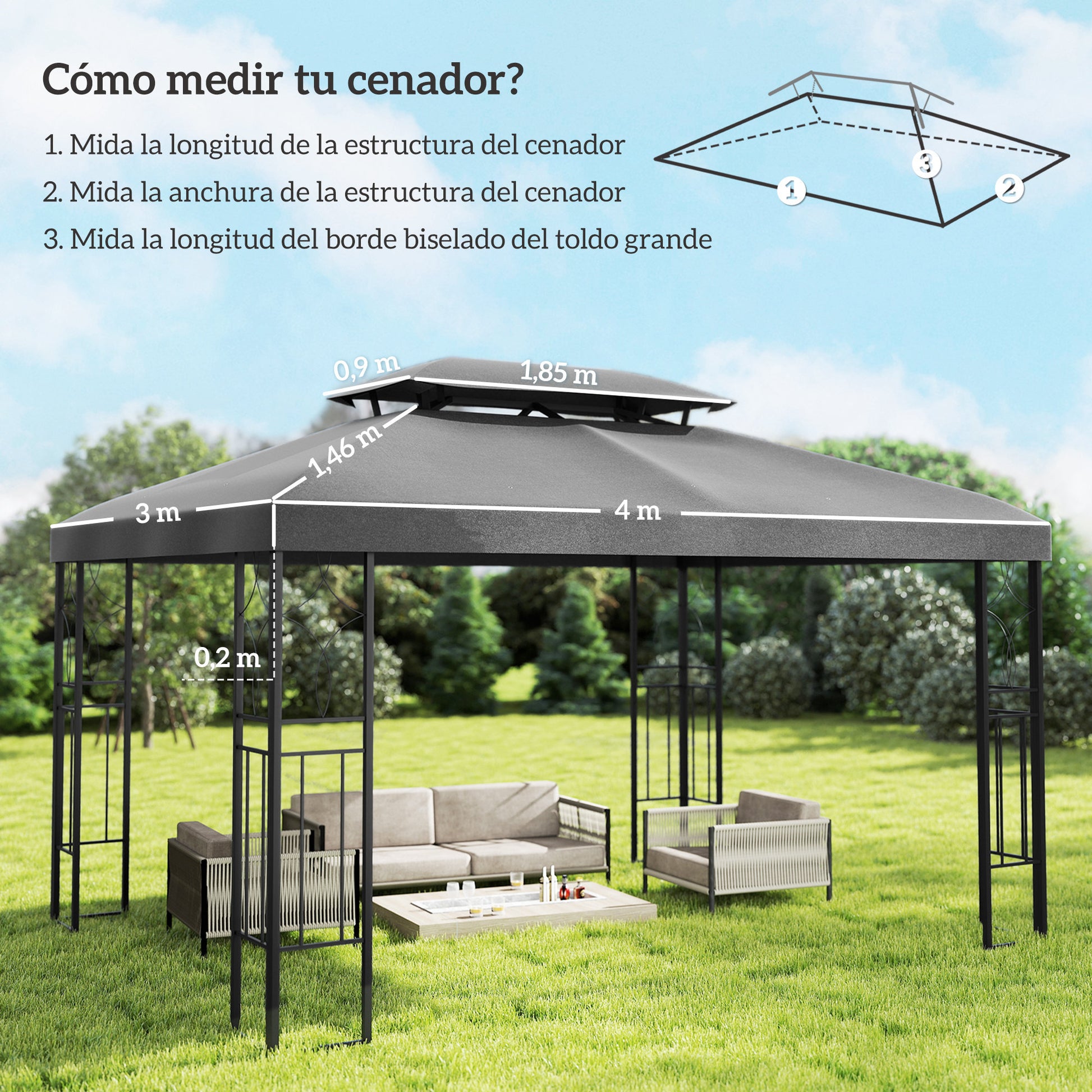Outsunny Techo de Repuesto para Cenador, 4x3 m, Cubierta de Repuesto con Techo Doble, 10 Orificios de Drenaje y Protección UV, SOLO Toldo de Recambio para Pabellón Gazebo, Gris Oscuro