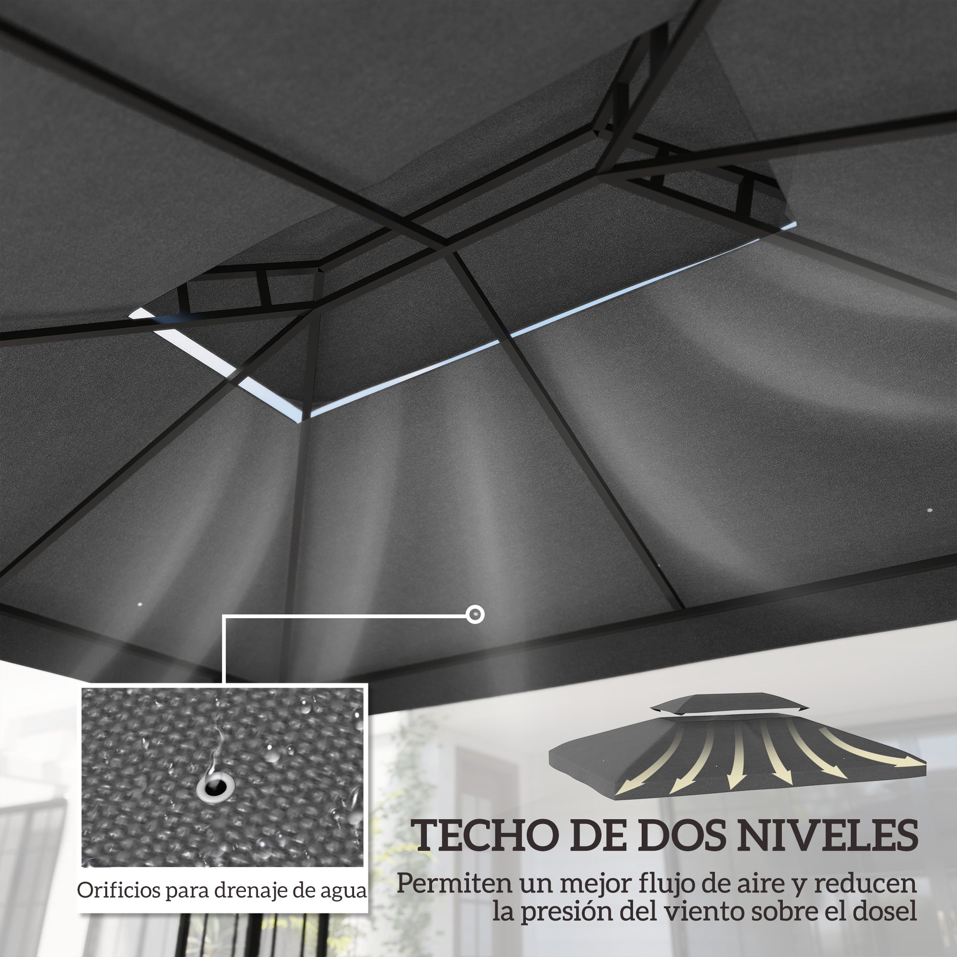 Outsunny Techo de Repuesto para Cenador, 4x3 m, Cubierta de Repuesto con Techo Doble, 10 Orificios de Drenaje y Protección UV, SOLO Toldo de Recambio para Pabellón Gazebo, Gris Oscuro