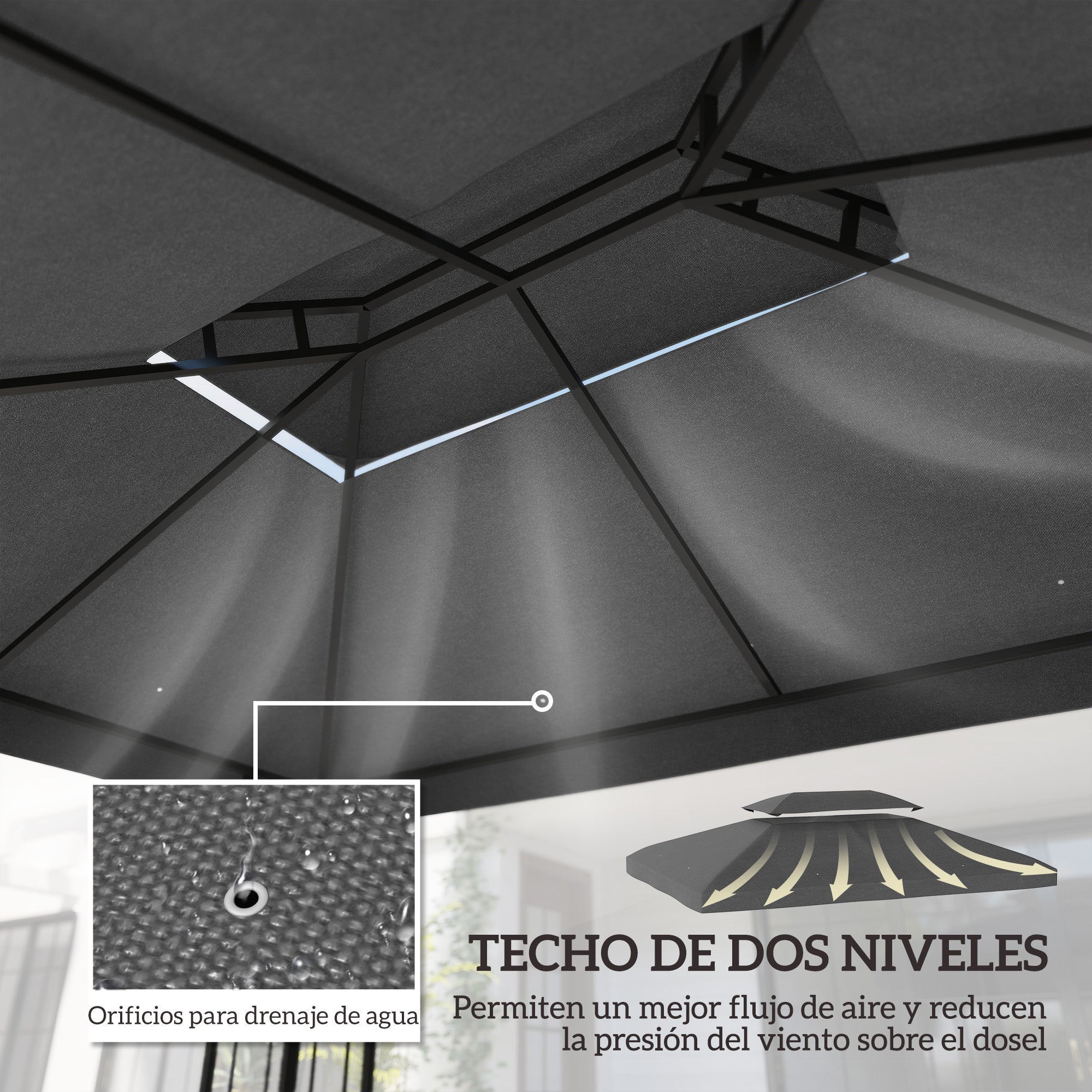 Outsunny Techo de Repuesto para Cenador, 4x3 m, Cubierta de Repuesto con Techo Doble, 10 Orificios de Drenaje y Protección UV, SOLO Toldo de Recambio para Pabellón Gazebo, Gris Oscuro