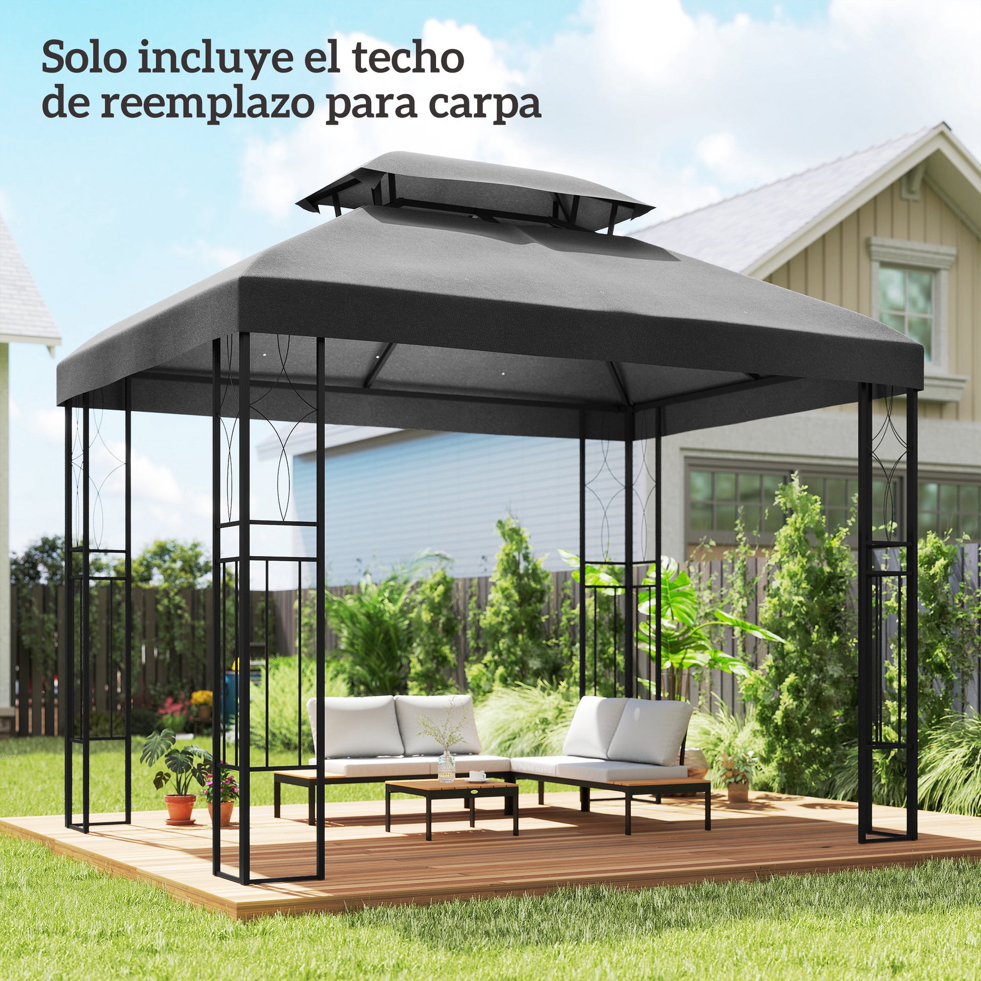 Outsunny Techo de Repuesto para Cenador, 4x3 m, Cubierta de Repuesto con Techo Doble, 10 Orificios de Drenaje y Protección UV, SOLO Toldo de Recambio para Pabellón Gazebo, Gris Oscuro