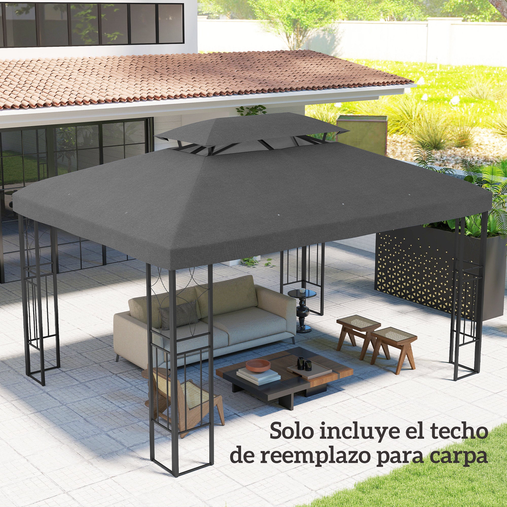 Outsunny Techo de Repuesto para Cenador, 4x3 m, Cubierta de Repuesto con Techo Doble, 10 Orificios de Drenaje y Protección UV, SOLO Toldo de Recambio para Pabellón Gazebo, Gris Oscuro
