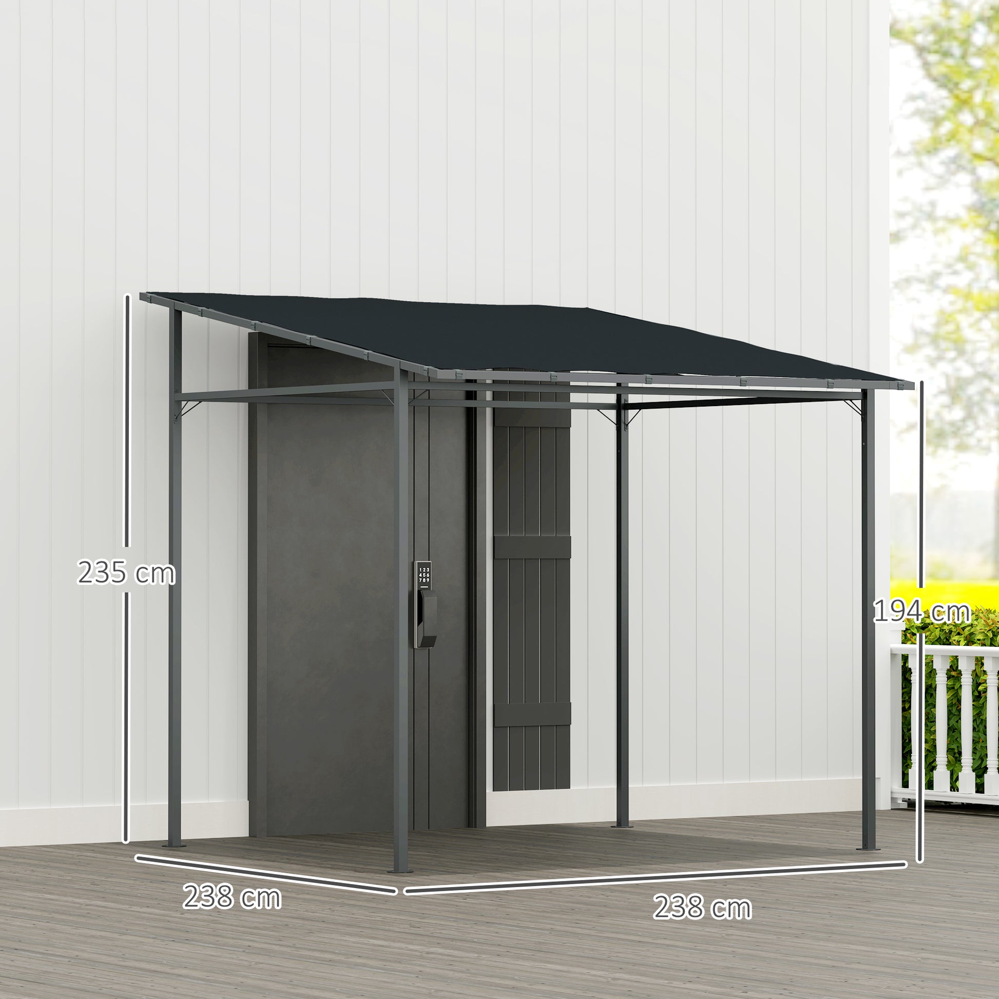 Outsunny Pérgola de Pared 2,4x2,4 m Cenador de Jardín con Techo Inclinado Protección UV 30+ Impermeable y Marco de Metal para Patio Terraza Balcón Gris Oscuro