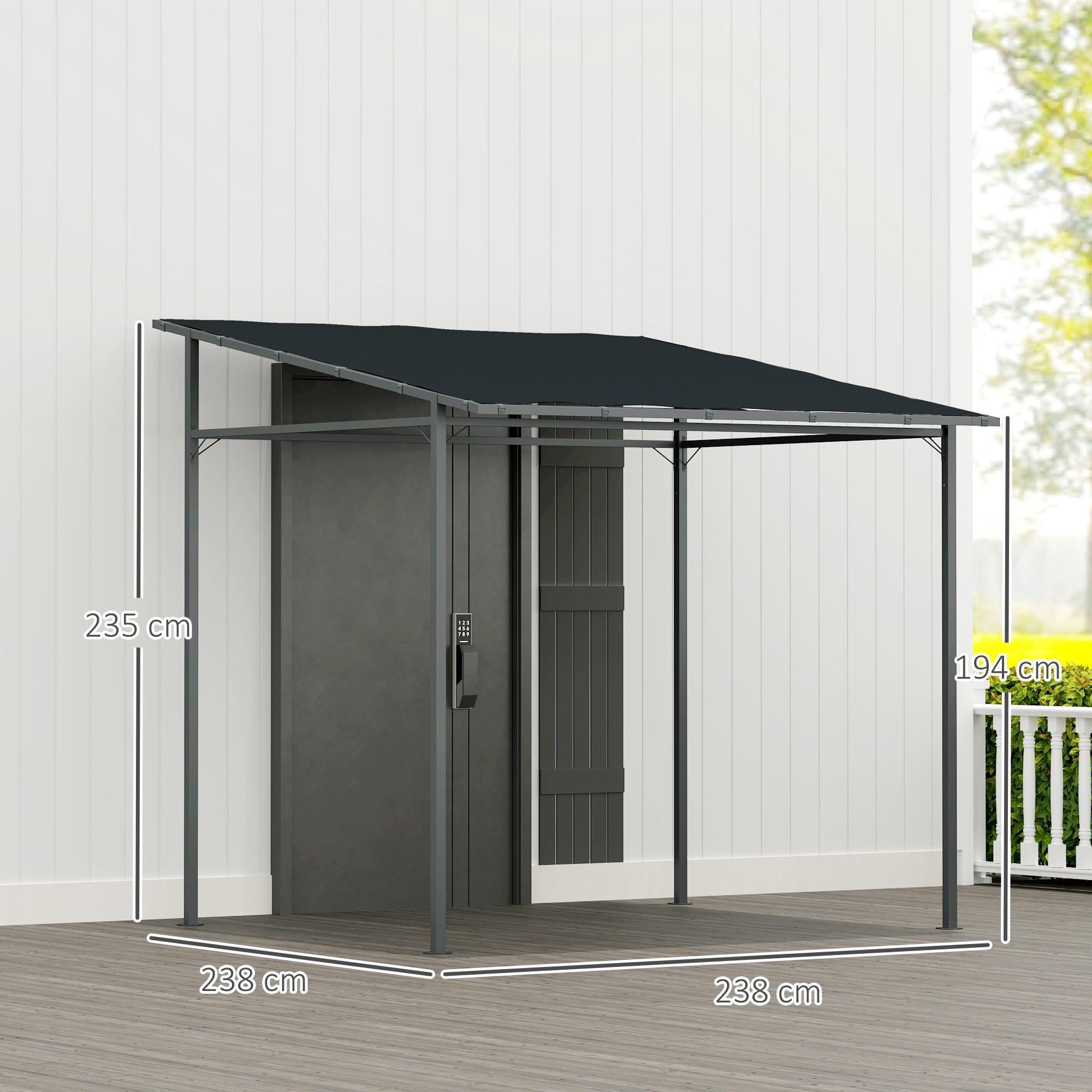 Outsunny Pérgola de Pared 2,4x2,4 m Cenador de Jardín con Techo Inclinado Protección UV 30+ Impermeable y Marco de Metal para Patio Terraza Balcón Gris Oscuro