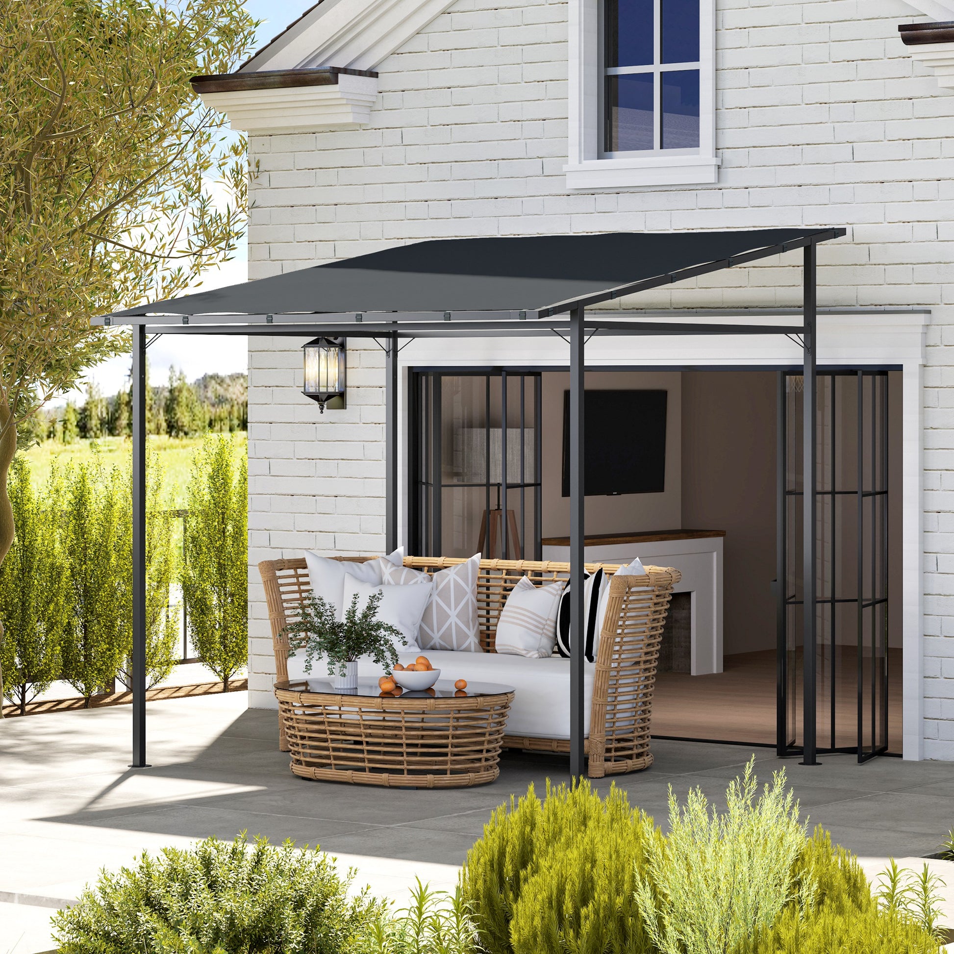 Outsunny Pérgola de Pared 2,4x2,4 m Cenador de Jardín con Techo Inclinado Protección UV 30+ Impermeable y Marco de Metal para Patio Terraza Balcón Gris Oscuro