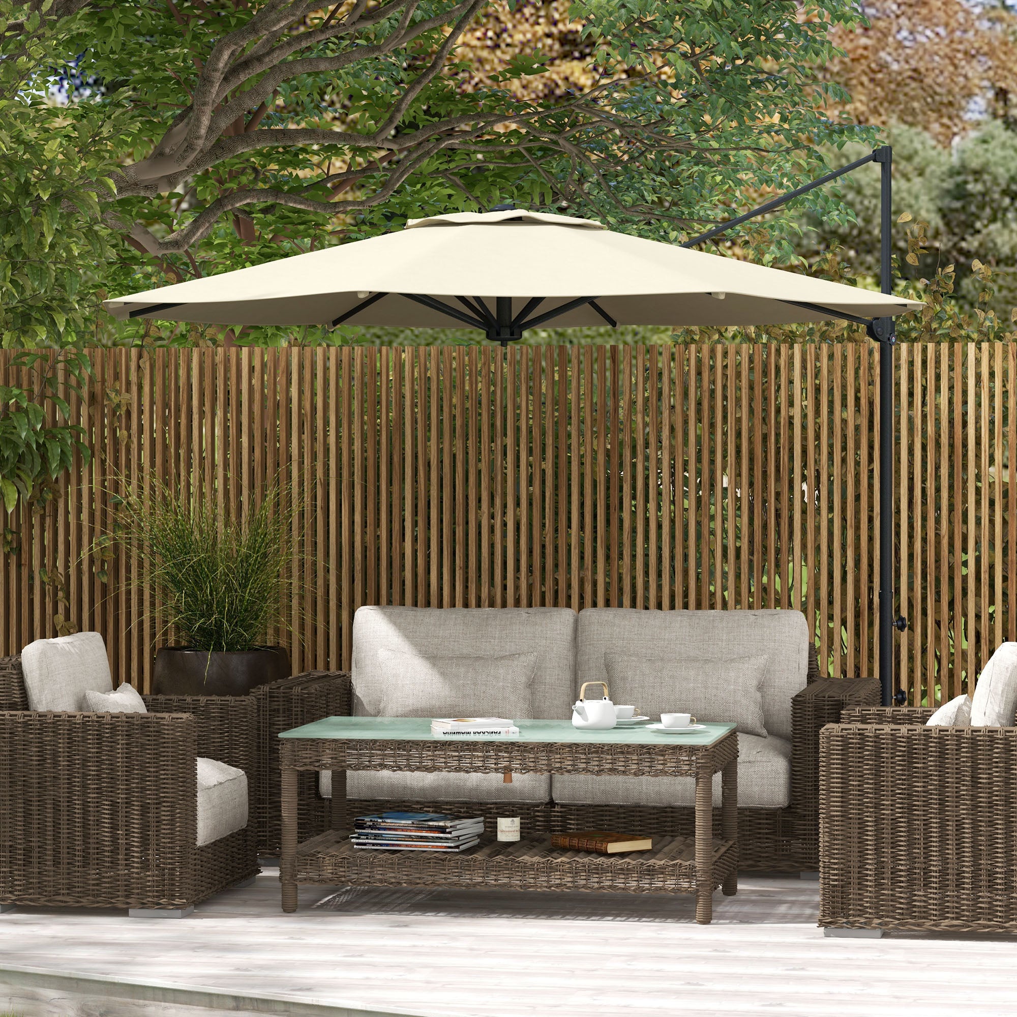 Outsunny Sombrilla de Jardín Ø294x242 cm Parasol de Terraza con Altura Ajustable Poste Giratorio 360° Ángulo de Techo Ajustable y Ventilación Superior para Patio Piscina Crema