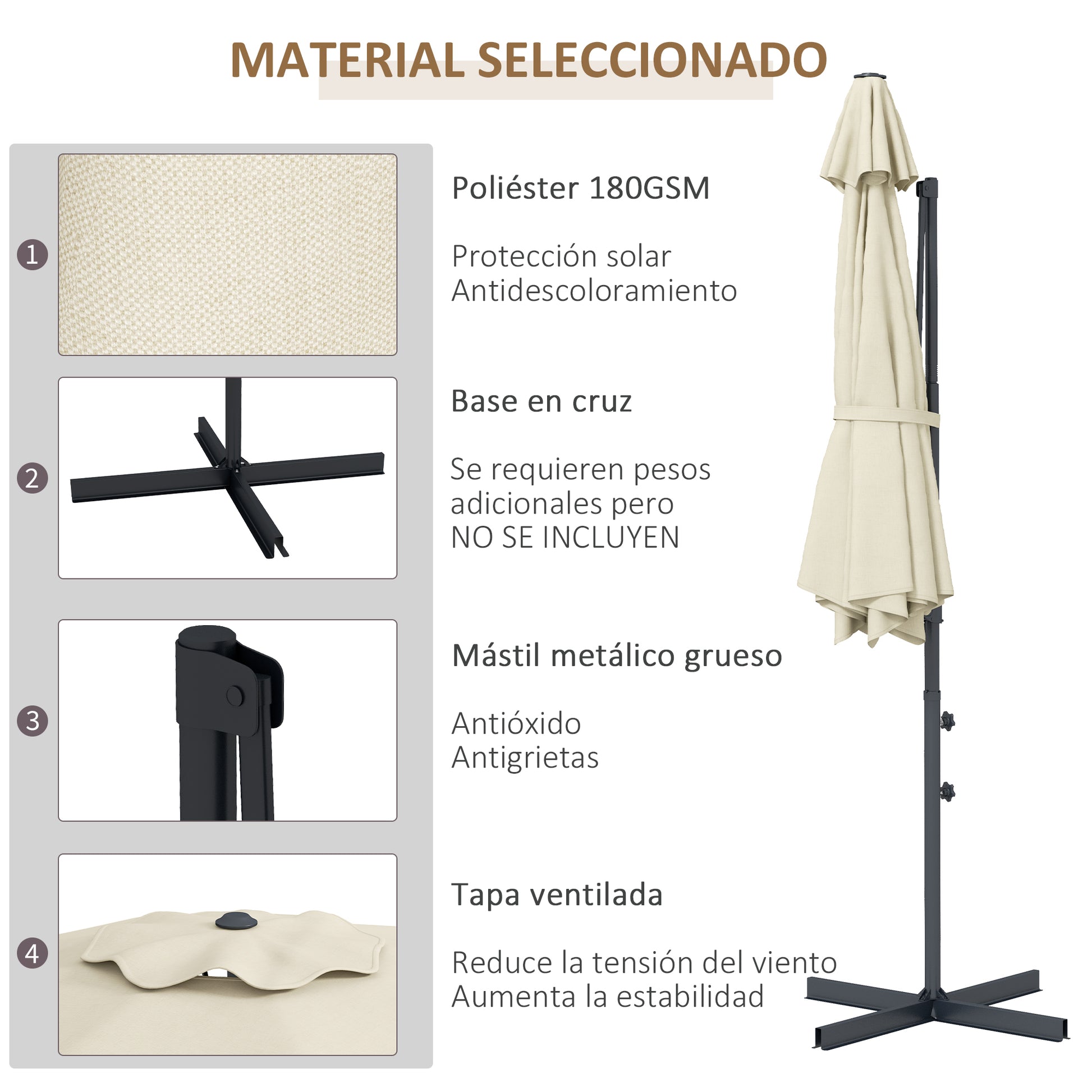 Outsunny Sombrilla de Jardín Ø294x242 cm Parasol de Terraza con Altura Ajustable Poste Giratorio 360° Ángulo de Techo Ajustable y Ventilación Superior para Patio Piscina Crema
