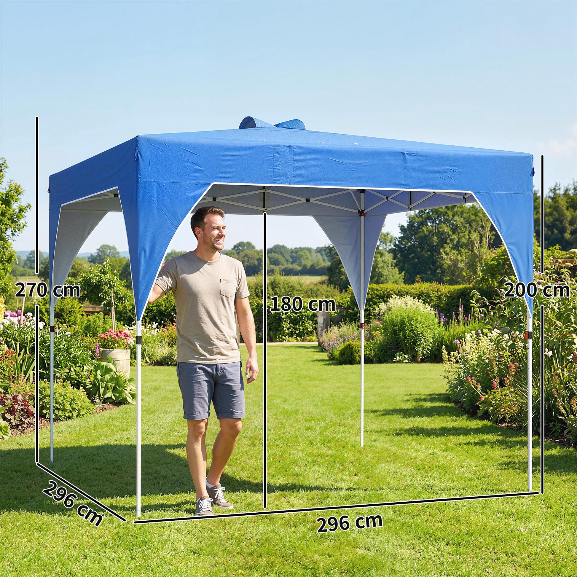 Outsunny Carpa Plegable 3x3 m, Pop-up, Cenador Pabellón de Jardín con Ventilación Superior, Bloqueo Central, UPF50+, Altura Ajustable 3 Niveles, Bolsa Transporte con Ruedas, Sacos de Arena, Azul