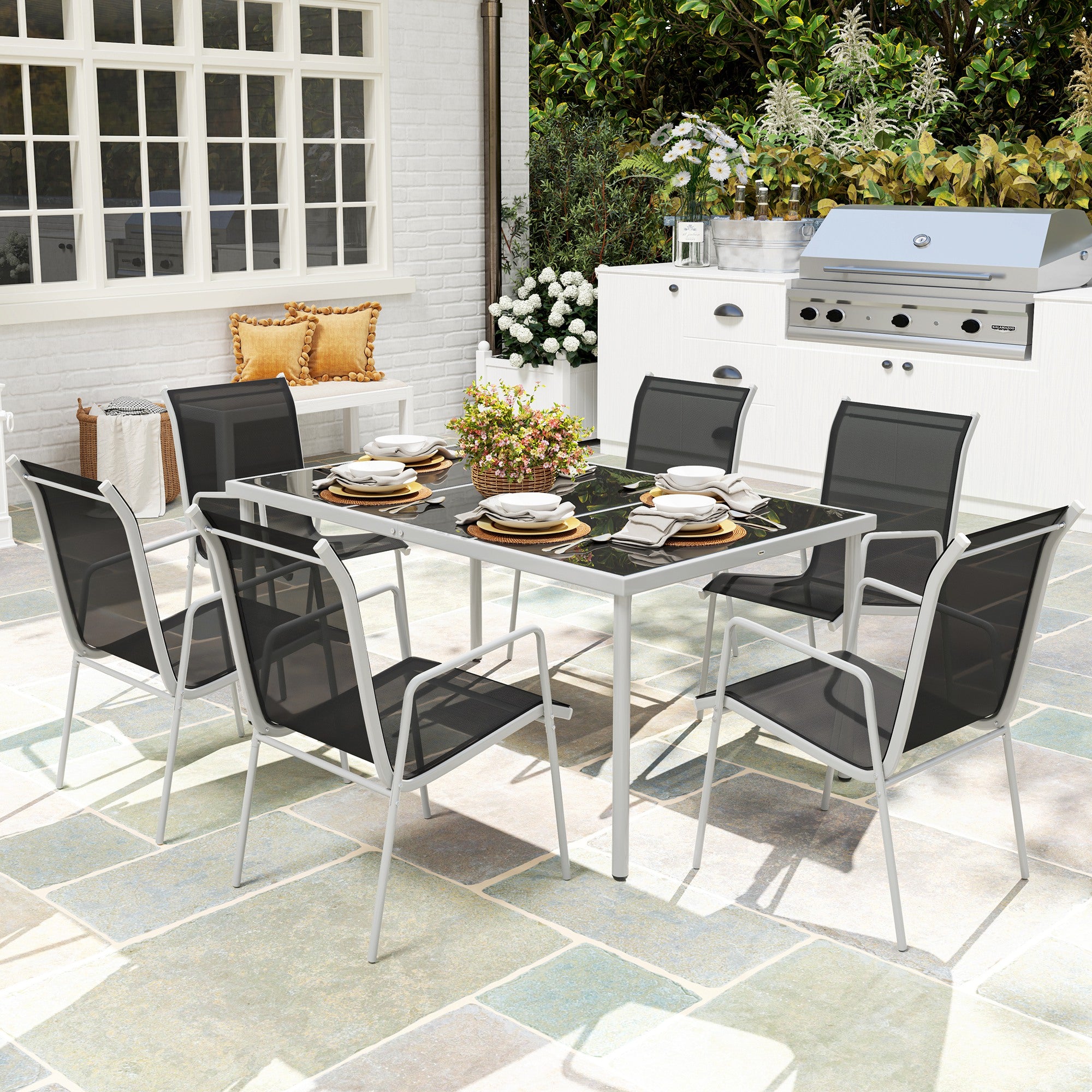 Outsunny Conjunto de Comedor de Exterior Juego de Comedor de Jardín de 7 Piezas con 1 Mesa 6 Sillas Apilables y Marco de Acero para Terraza Patio Negro