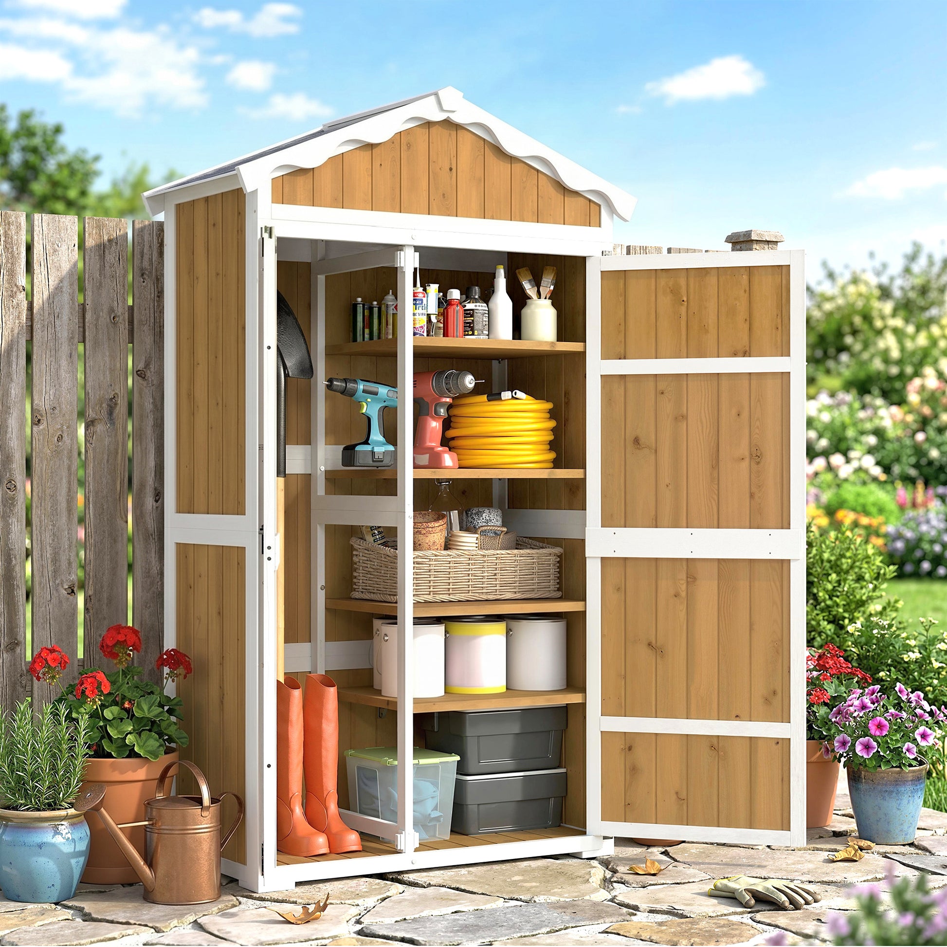 Outsunny Caseta de Jardín de Madera 105x55x179 cm Cobertizo Jardín Exterior Impermeable Armario Exterior Herramientas con Puertas 4 Estantes Extraíbles Techo Metal Galvanizado Pies Ajustables Natural