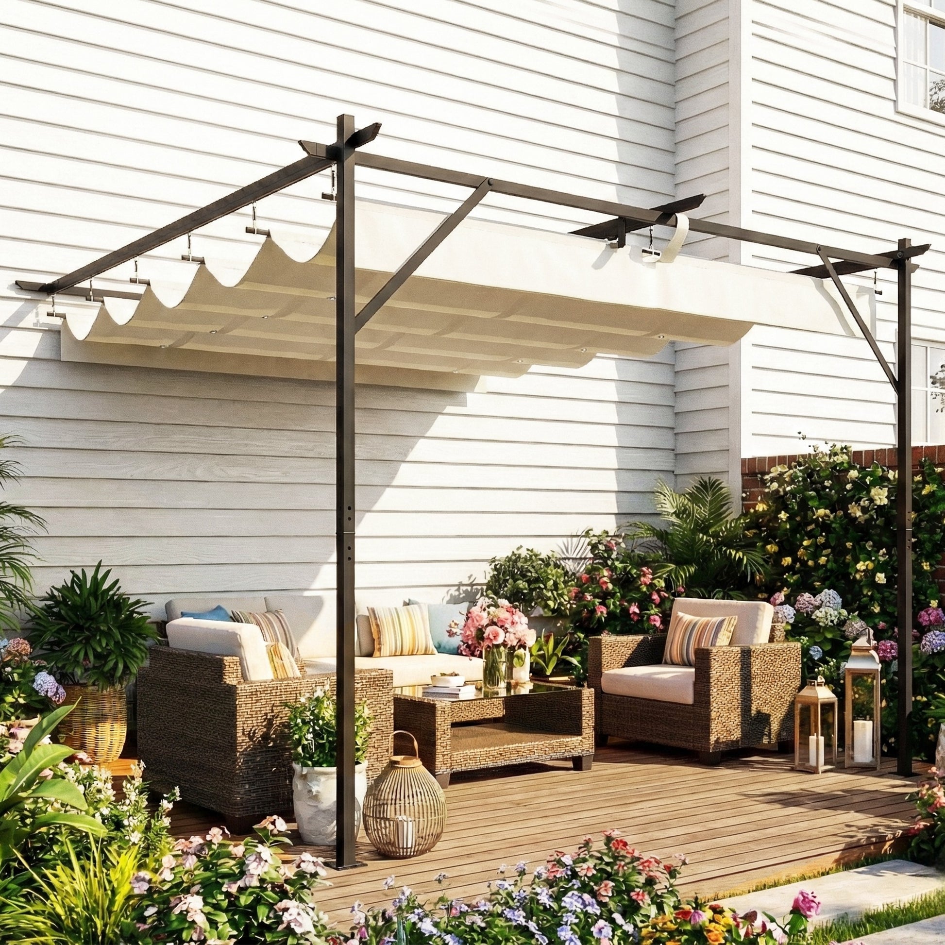 Outsunny Pérgola de Pared de Jardín 3x3 m, Cenador de Jardín con Techo Retráctil, Protección UPF30+, Orificios de Drenaje y Estructura Metálica, Pabellón para Patio, Terraza, Exterior, Blanco Crema