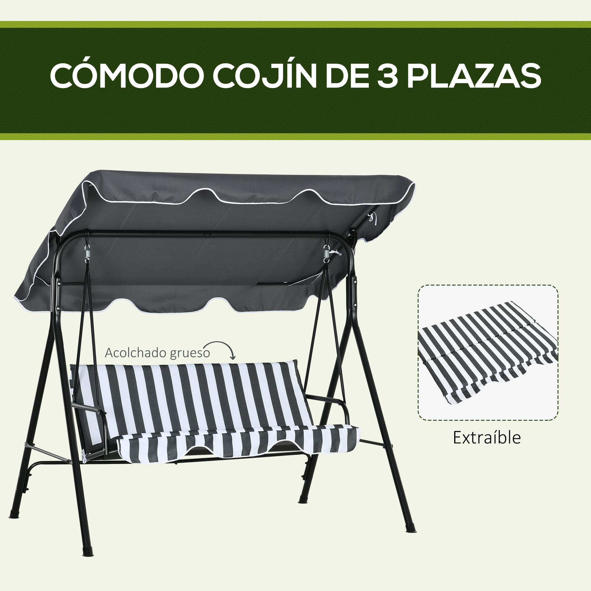 Outsunny Columpio de Jardín Exterior de 3 Plazas, Balancín de Jardín Exterior con Techo Ajustable y Marco de Acero, para Balcón, Terraza, Patio, Carga 240 kg, 172x110x153 cm, Gris y Blanco