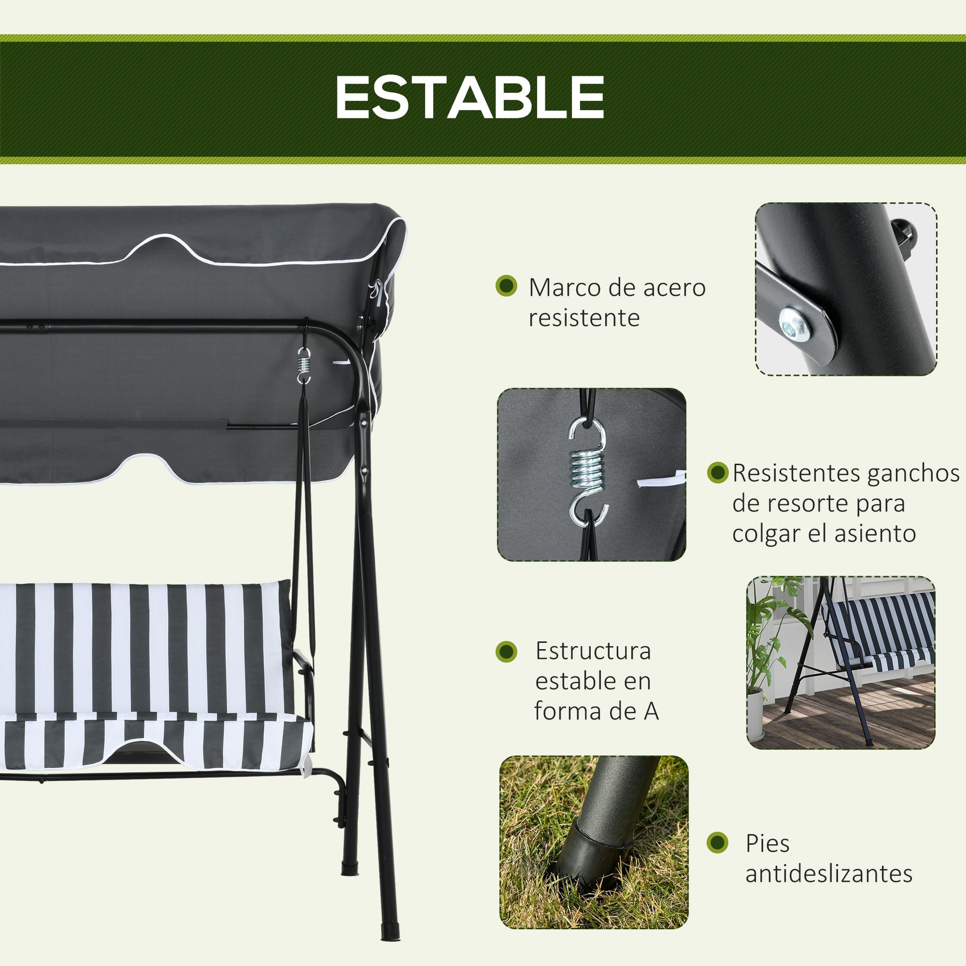 Outsunny Columpio de Jardín Exterior de 3 Plazas, Balancín de Jardín Exterior con Techo Ajustable y Marco de Acero, para Balcón, Terraza, Patio, Carga 240 kg, 172x110x153 cm, Gris y Blanco