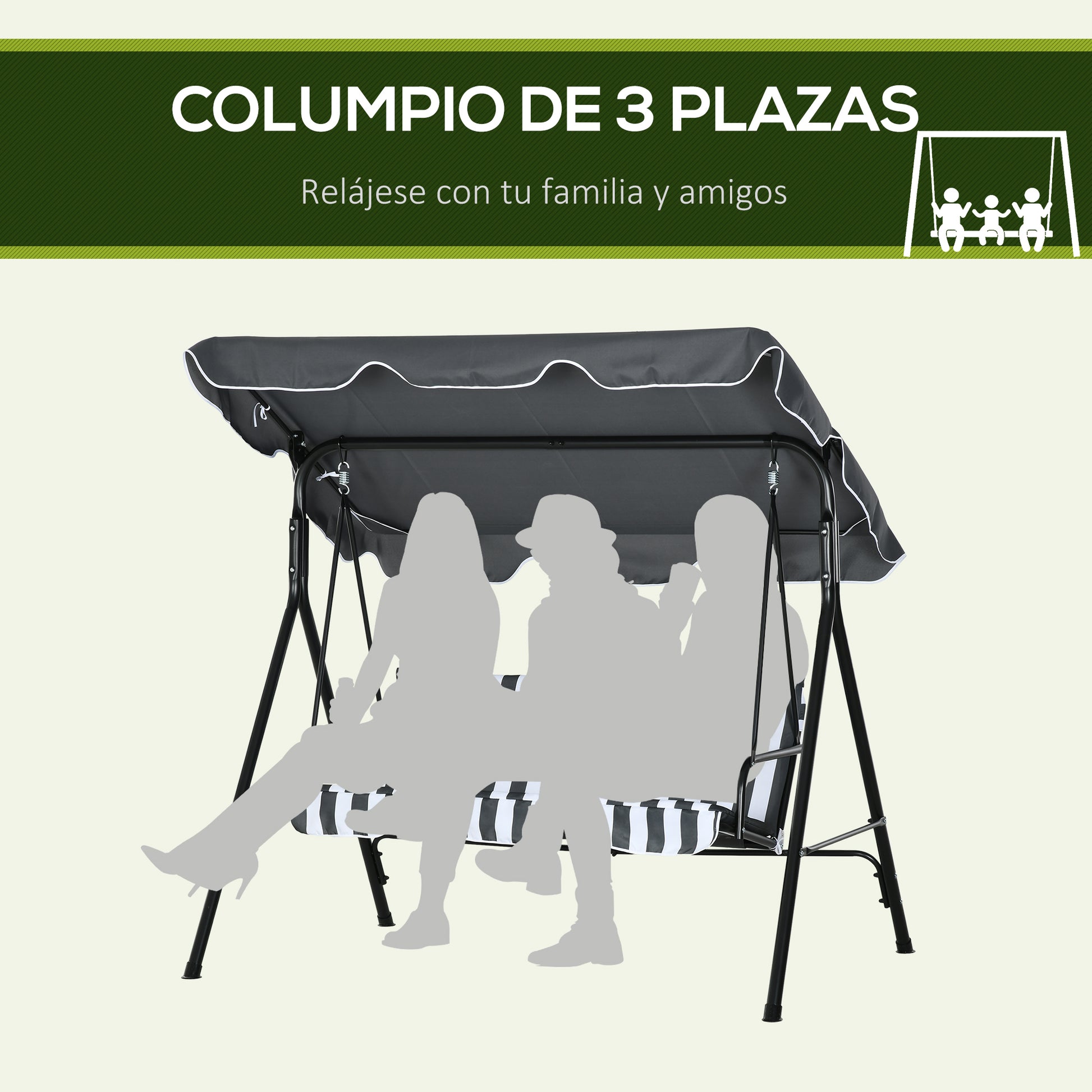 Outsunny Columpio de Jardín Exterior de 3 Plazas, Balancín de Jardín Exterior con Techo Ajustable y Marco de Acero, para Balcón, Terraza, Patio, Carga 240 kg, 172x110x153 cm, Gris y Blanco