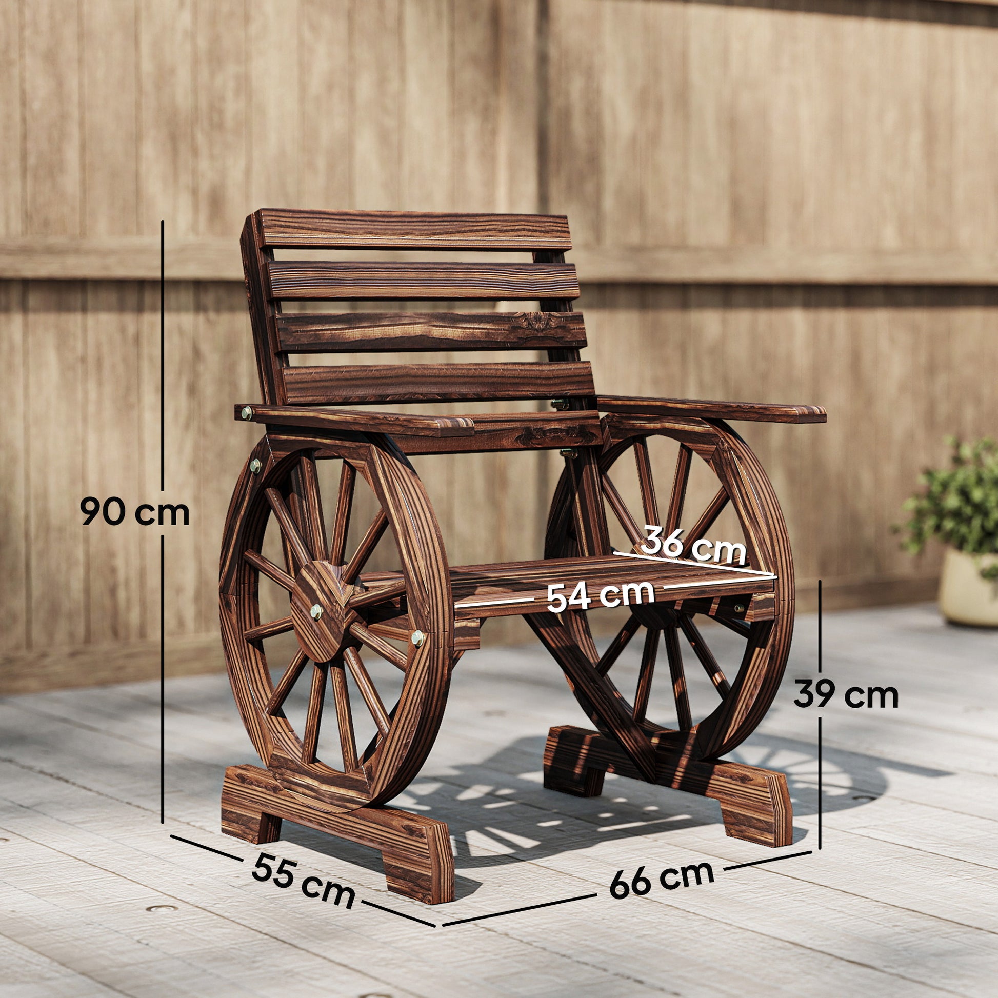 Outsunny Silla de Jardín de Madera de 2 Plazas, Silla Asiento con Brazos de Rueda de Vagón, Respaldo Inclinado, Estilo Rústico, Carga 120 kg, para Patio, Terraza, Parque, 66x55x90 cm, Carbonizado