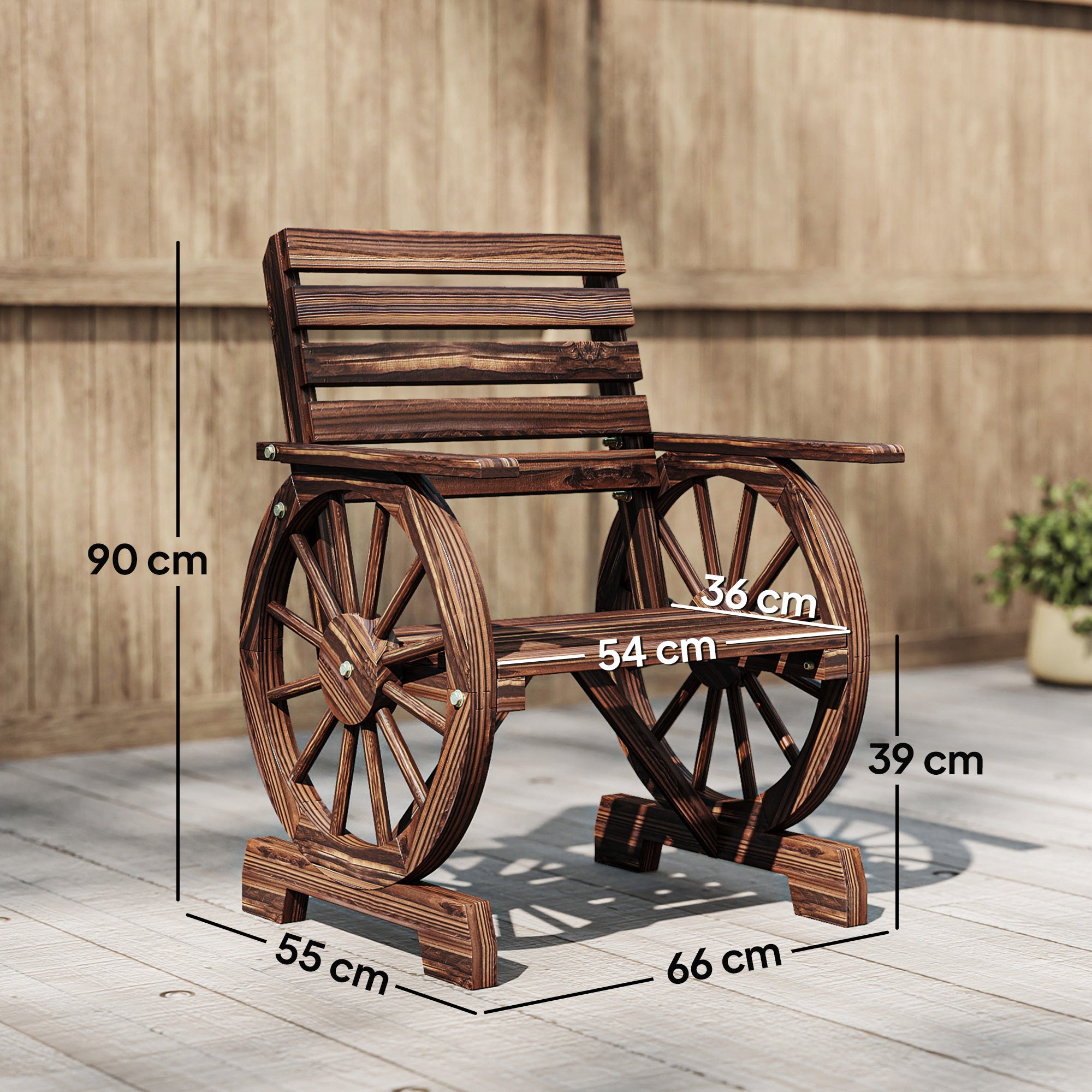 Outsunny Silla de Jardín de Madera de 2 Plazas, Silla Asiento con Brazos de Rueda de Vagón, Respaldo Inclinado, Estilo Rústico, Carga 120 kg, para Patio, Terraza, Parque, 66x55x90 cm, Carbonizado
