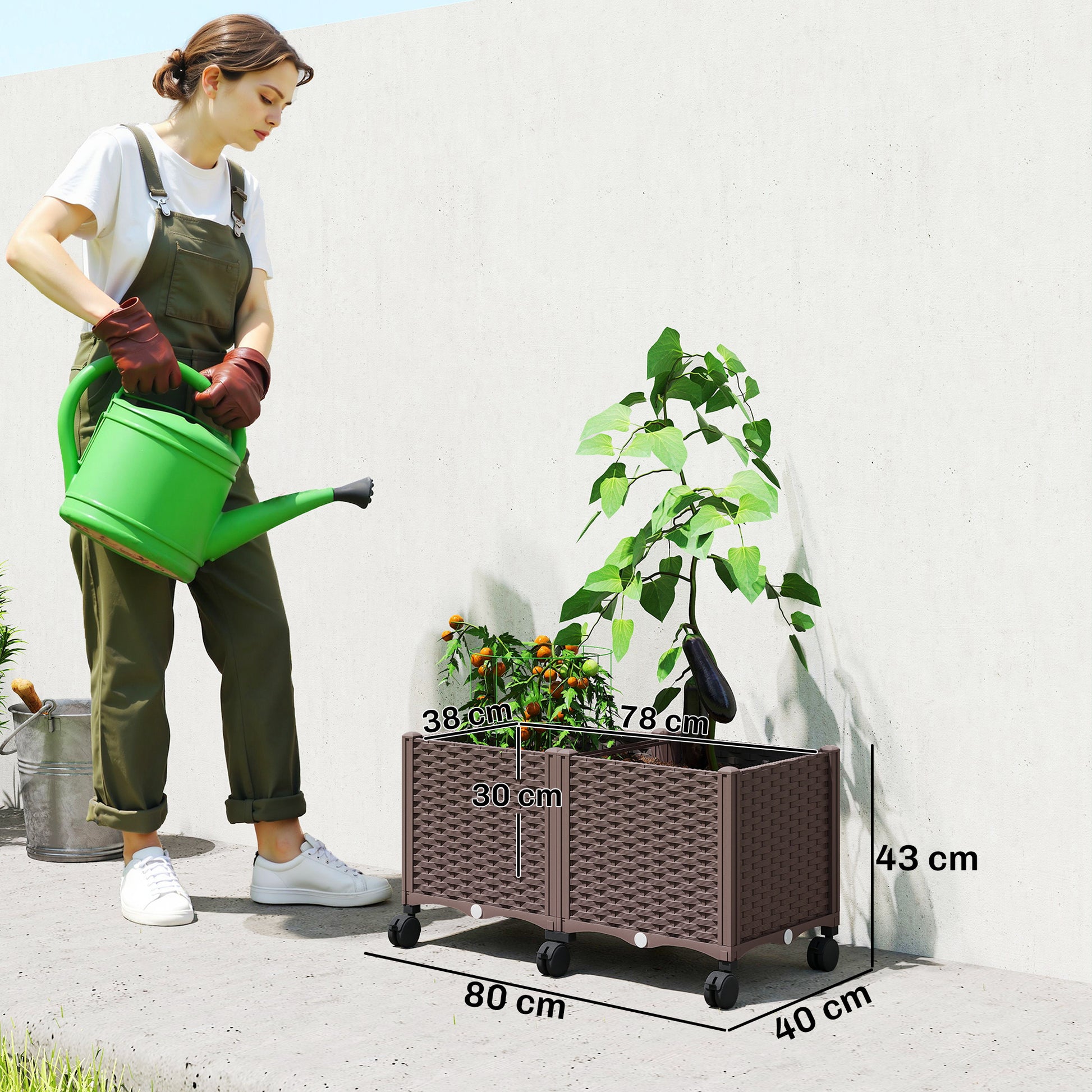 Outsunny Jardinera Elevada con 6 Ruedas, Jardinera Exterior Móvil de Plástico con Riego Automático y Drenaje, Macetero Exterior para Cultivos, Plantas, Jardín, Terraza, 80x40x43 cm, Marrón
