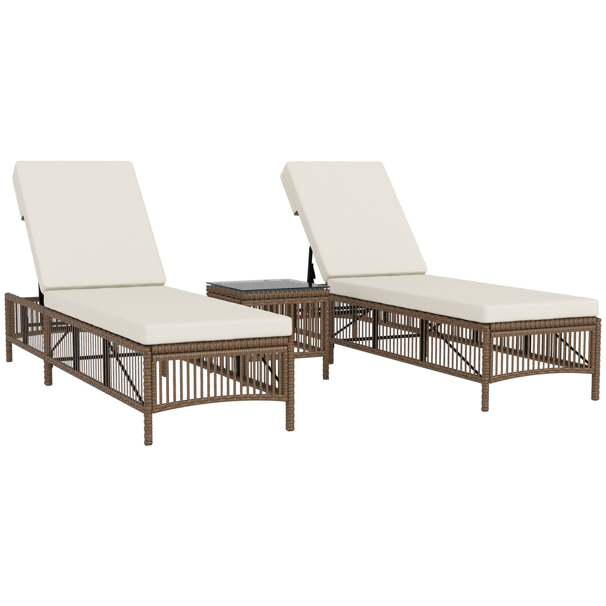 Outsunny Conjunto de 2 Tumbonas de Ratán Tumbonas de Jardín con Mesa de Centro Respaldo Ajustable en 5 Niveles y Cojines 196x54x32 cm Beige