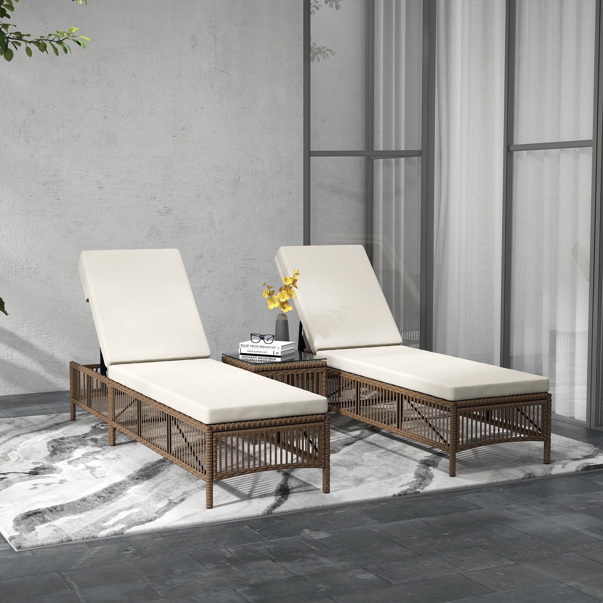 Outsunny Conjunto de 2 Tumbonas de Ratán Tumbonas de Jardín con Mesa de Centro Respaldo Ajustable en 5 Niveles y Cojines 196x54x32 cm Beige