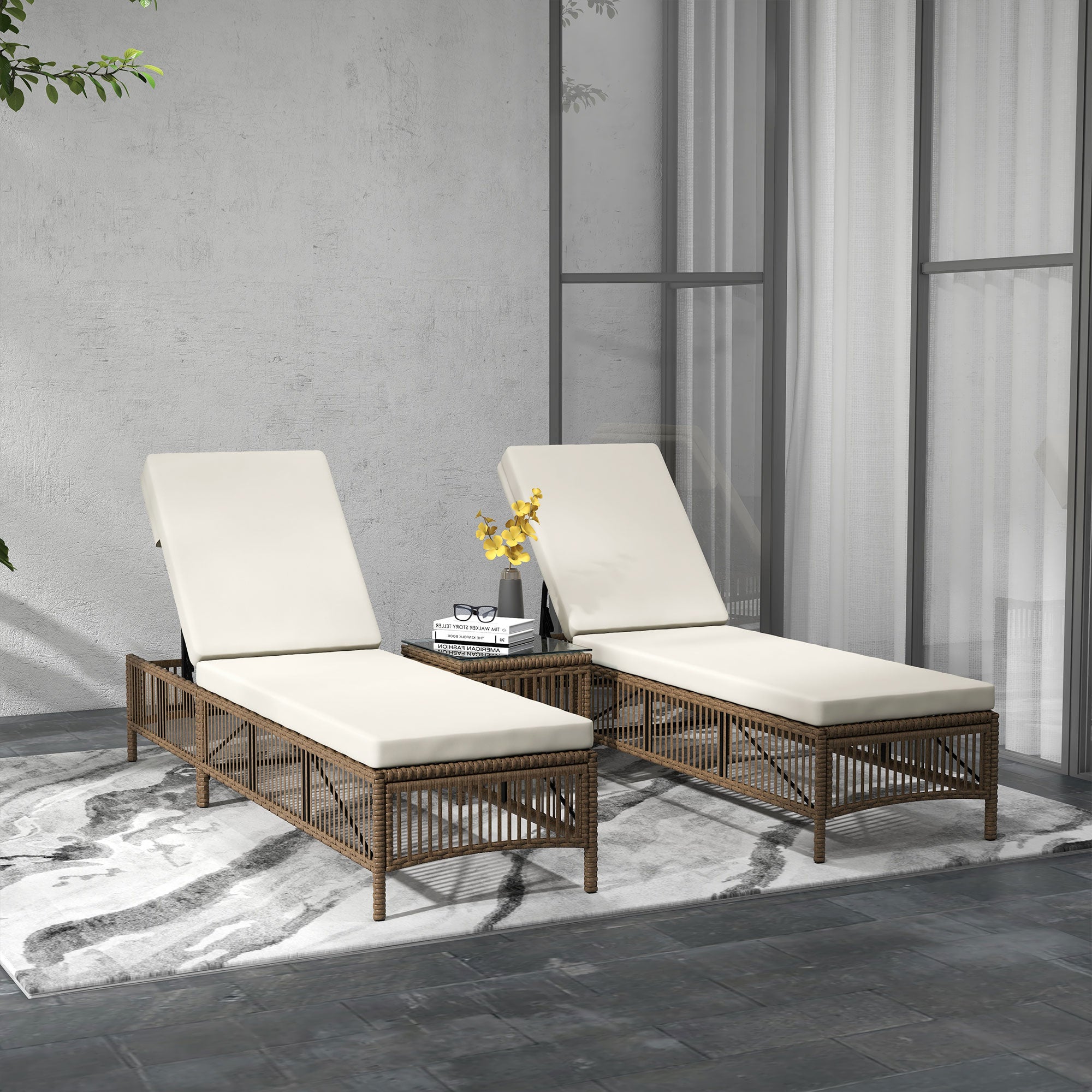 Outsunny Conjunto de 2 Tumbonas de Ratán Tumbonas de Jardín con Mesa de Centro Respaldo Ajustable en 5 Niveles y Cojines 196x54x32 cm Beige