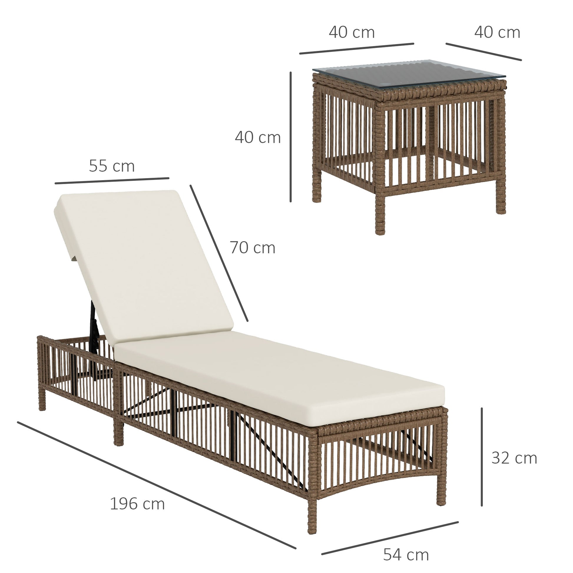 Outsunny Conjunto de 2 Tumbonas de Ratán Tumbonas de Jardín con Mesa de Centro Respaldo Ajustable en 5 Niveles y Cojines 196x54x32 cm Beige