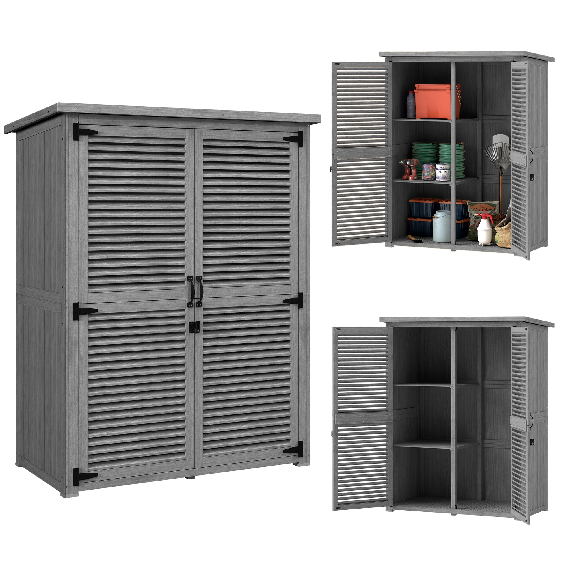 Outsunny Caseta de Jardín de Madera, 127x65x168 cm, Cobertizo Jardín Exterior, Armario para Almacenaje Herramientas, con 2 Puertas de Persiana 2 Estantes Techo Impermeable para Patio Terraza, Gris