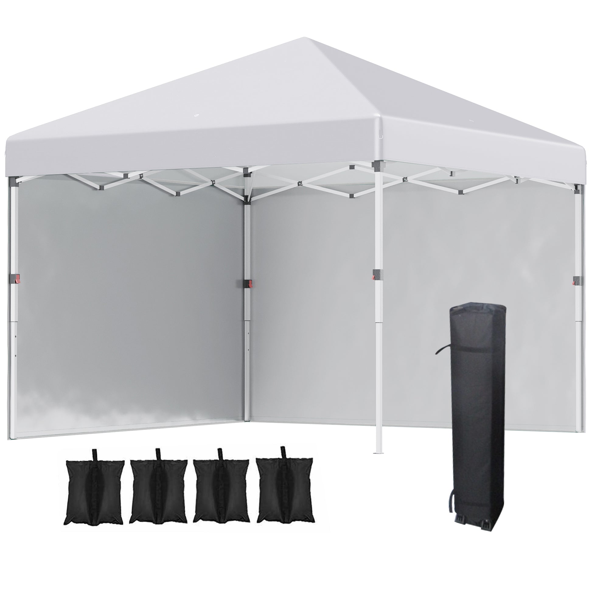 Outsunny Carpa Plegable Pop-up Gazebo 3x3 m Cenador Plegable con 2 Paredes Laterales Anti-UV Altura Ajustable en 3 Niveles Sacos de Arena y Bolsa de Transporte con Ruedas para Camping Fiestas Blanco