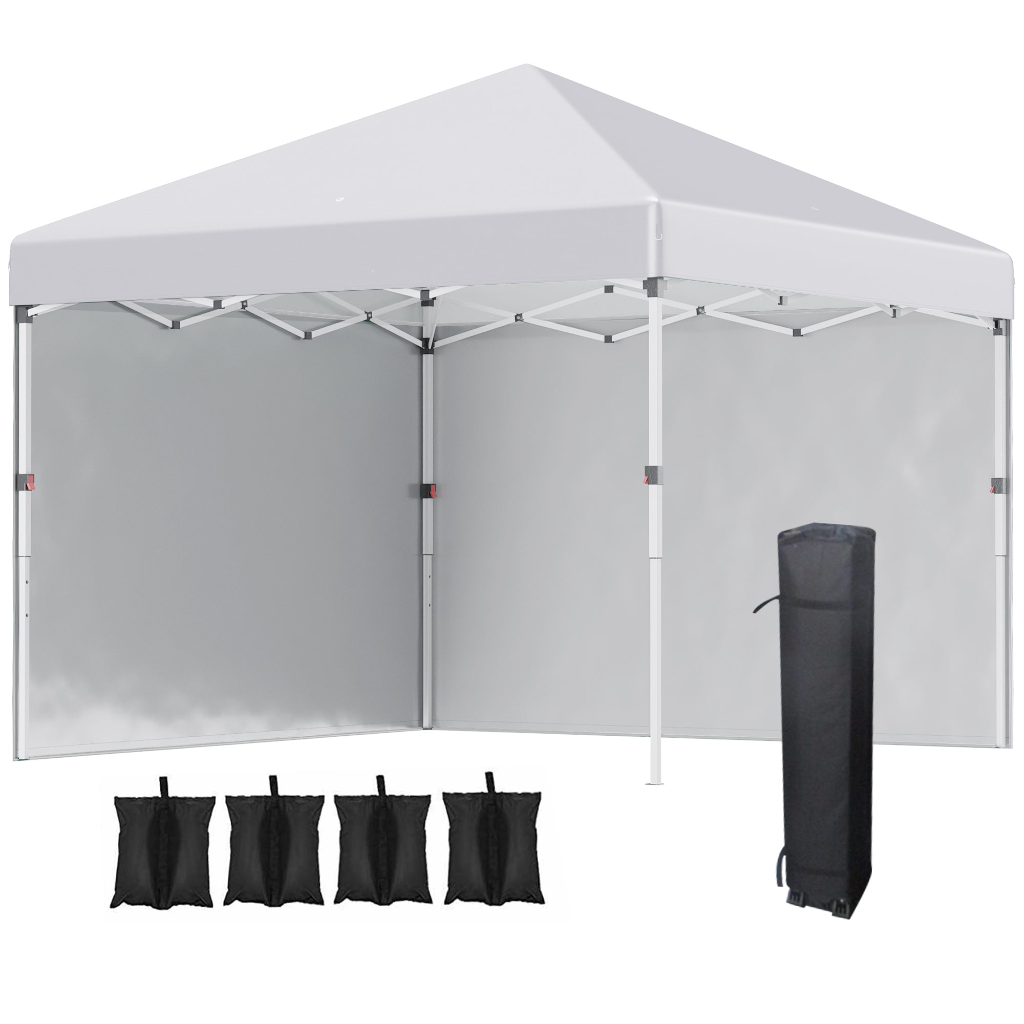 Outsunny Carpa Plegable Pop-up Gazebo 3x3 m Cenador Plegable con 2 Paredes Laterales Anti-UV Altura Ajustable en 3 Niveles Sacos de Arena y Bolsa de Transporte con Ruedas para Camping Fiestas Blanco