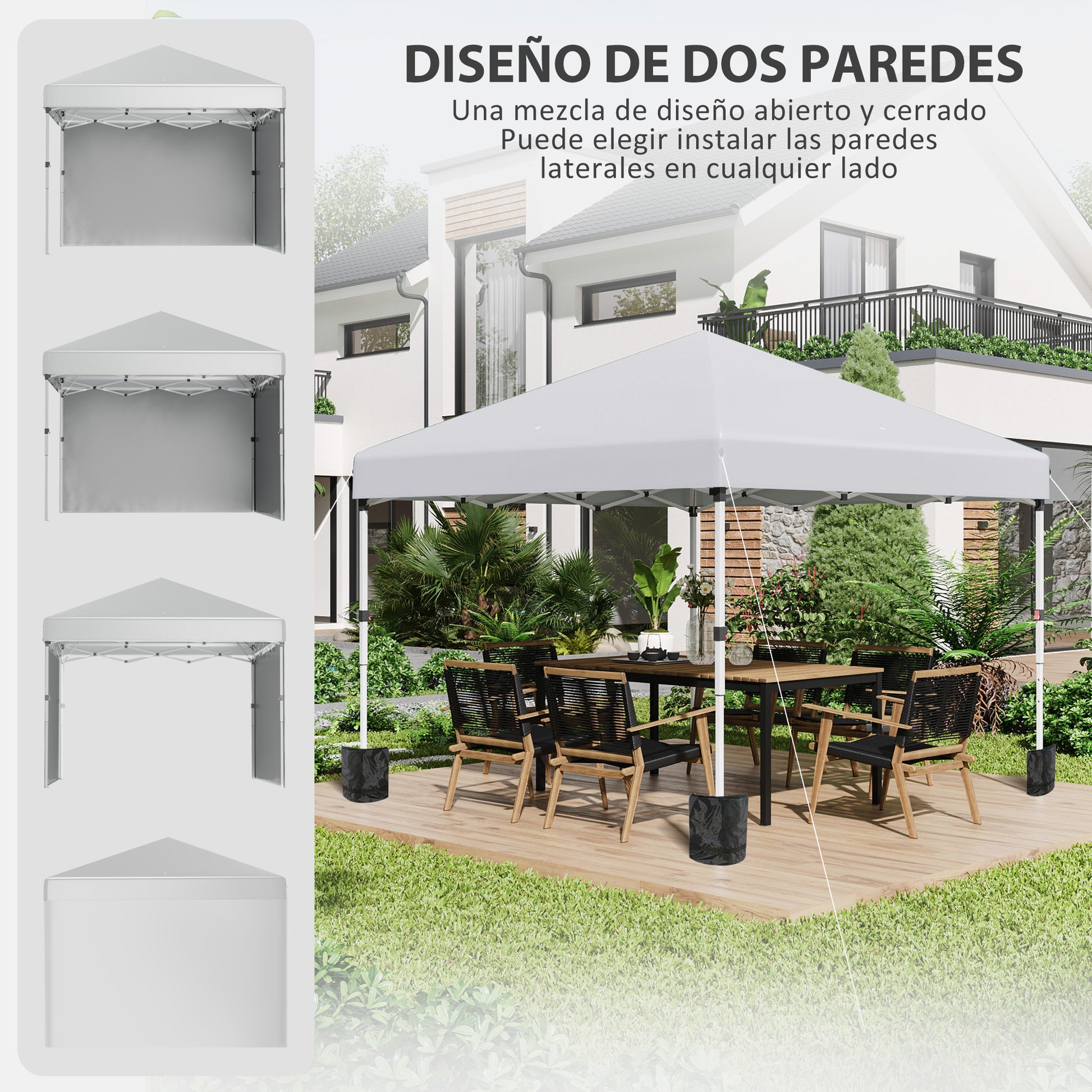 Outsunny Carpa Plegable Pop-up Gazebo 3x3 m Cenador Plegable con 2 Paredes Laterales Anti-UV Altura Ajustable en 3 Niveles Sacos de Arena y Bolsa de Transporte con Ruedas para Camping Fiestas Blanco