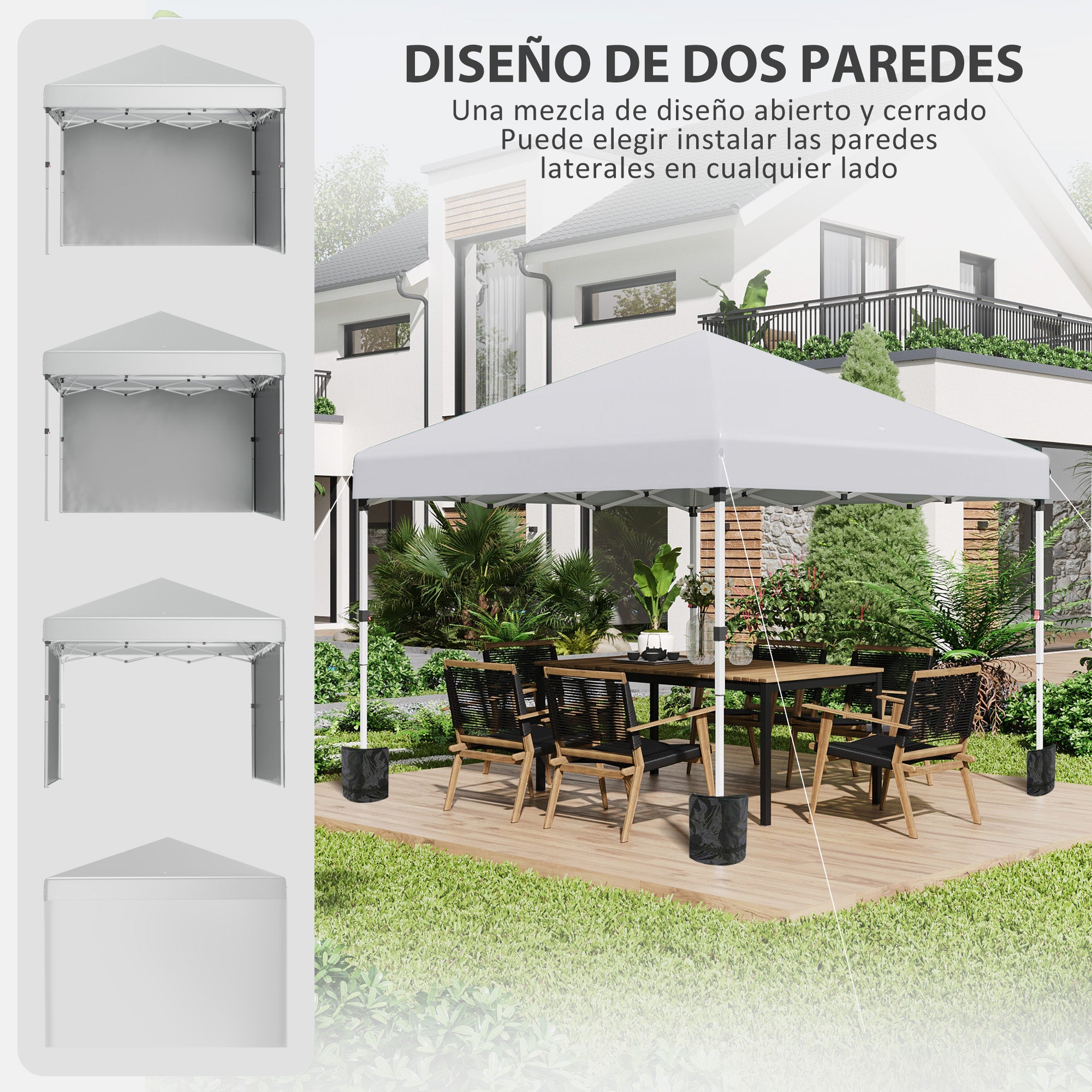 Outsunny Carpa Plegable Pop-up Gazebo 3x3 m Cenador Plegable con 2 Paredes Laterales Anti-UV Altura Ajustable en 3 Niveles Sacos de Arena y Bolsa de Transporte con Ruedas para Camping Fiestas Blanco