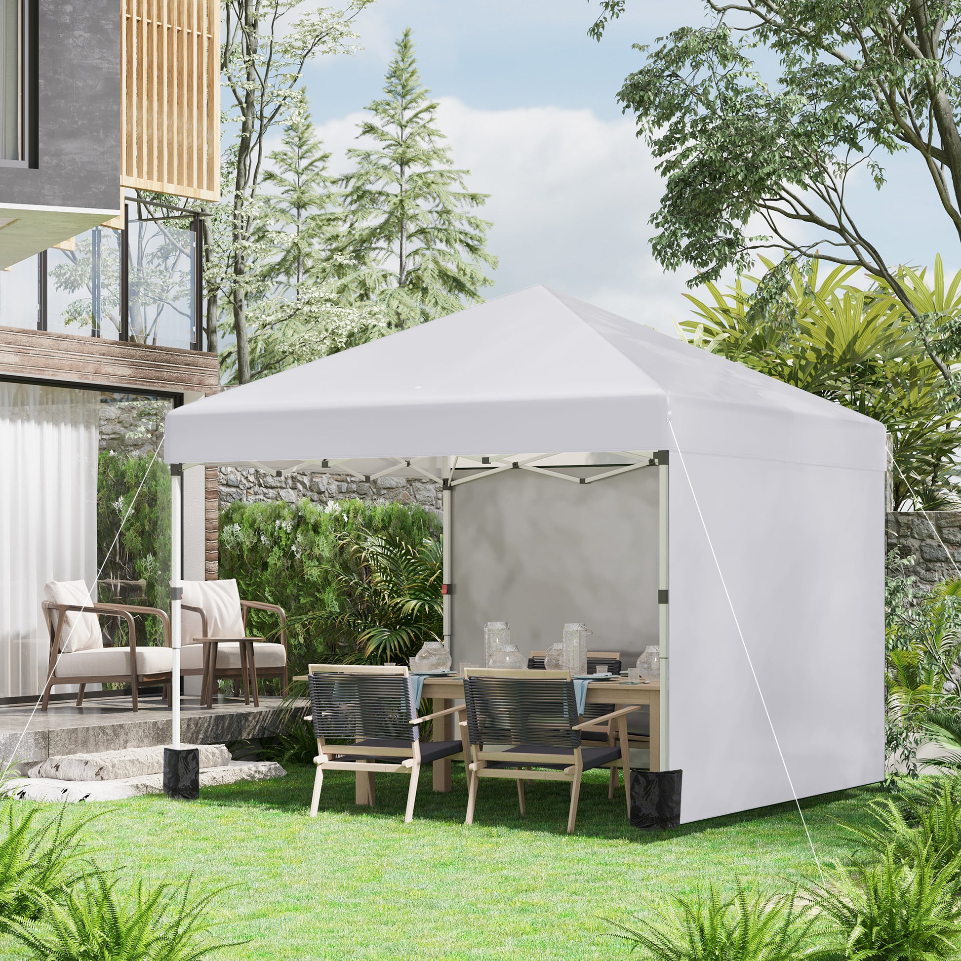Outsunny Carpa Plegable Pop-up Gazebo 3x3 m Cenador Plegable con 2 Paredes Laterales Anti-UV Altura Ajustable en 3 Niveles Sacos de Arena y Bolsa de Transporte con Ruedas para Camping Fiestas Blanco