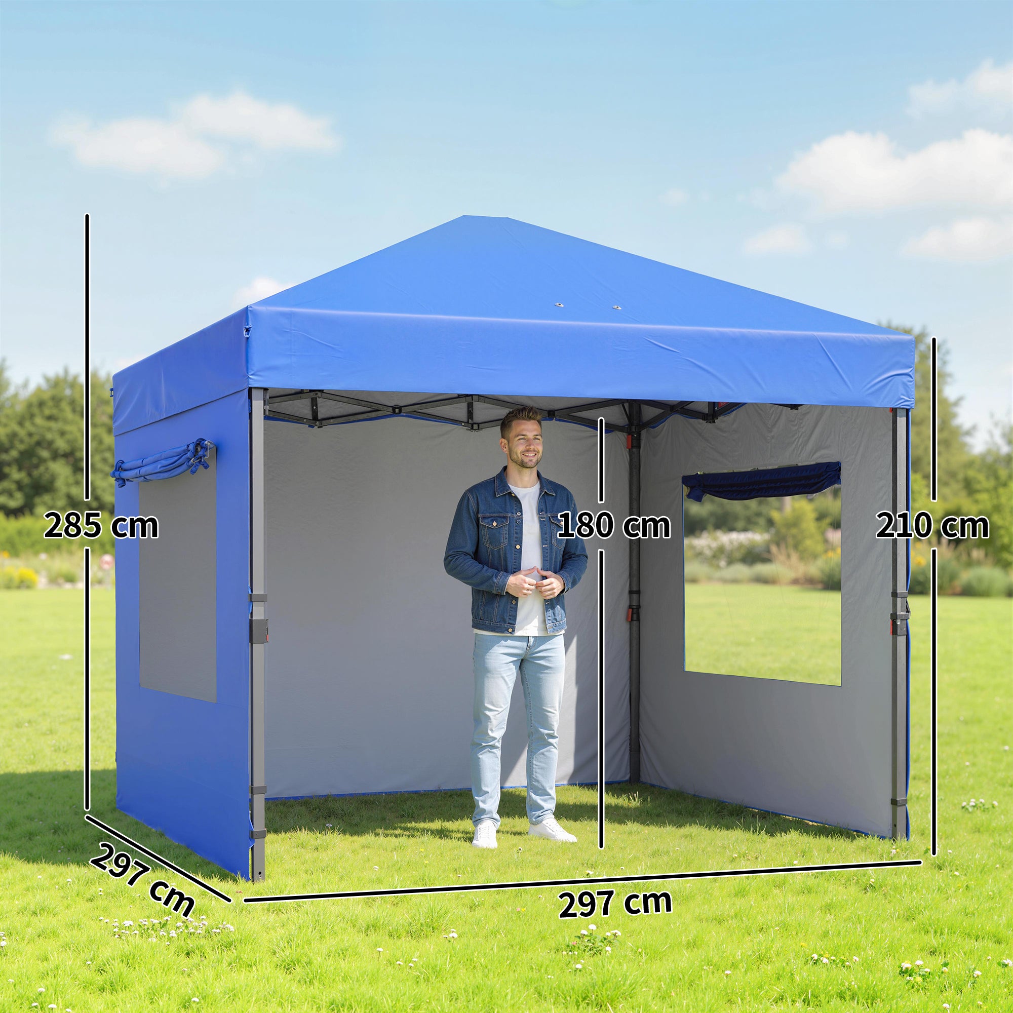 Outsunny Carpa Plegable 3x3 m, Pop-up, Cenador Pabellón de Jardín con 3 Paredes Laterales, 2 Ventanas Malla, UPF50+, Altura Ajustable 3 Niveles, Bolsa Transporte, Sacos Arena, Gazebo Exterior, Azul
