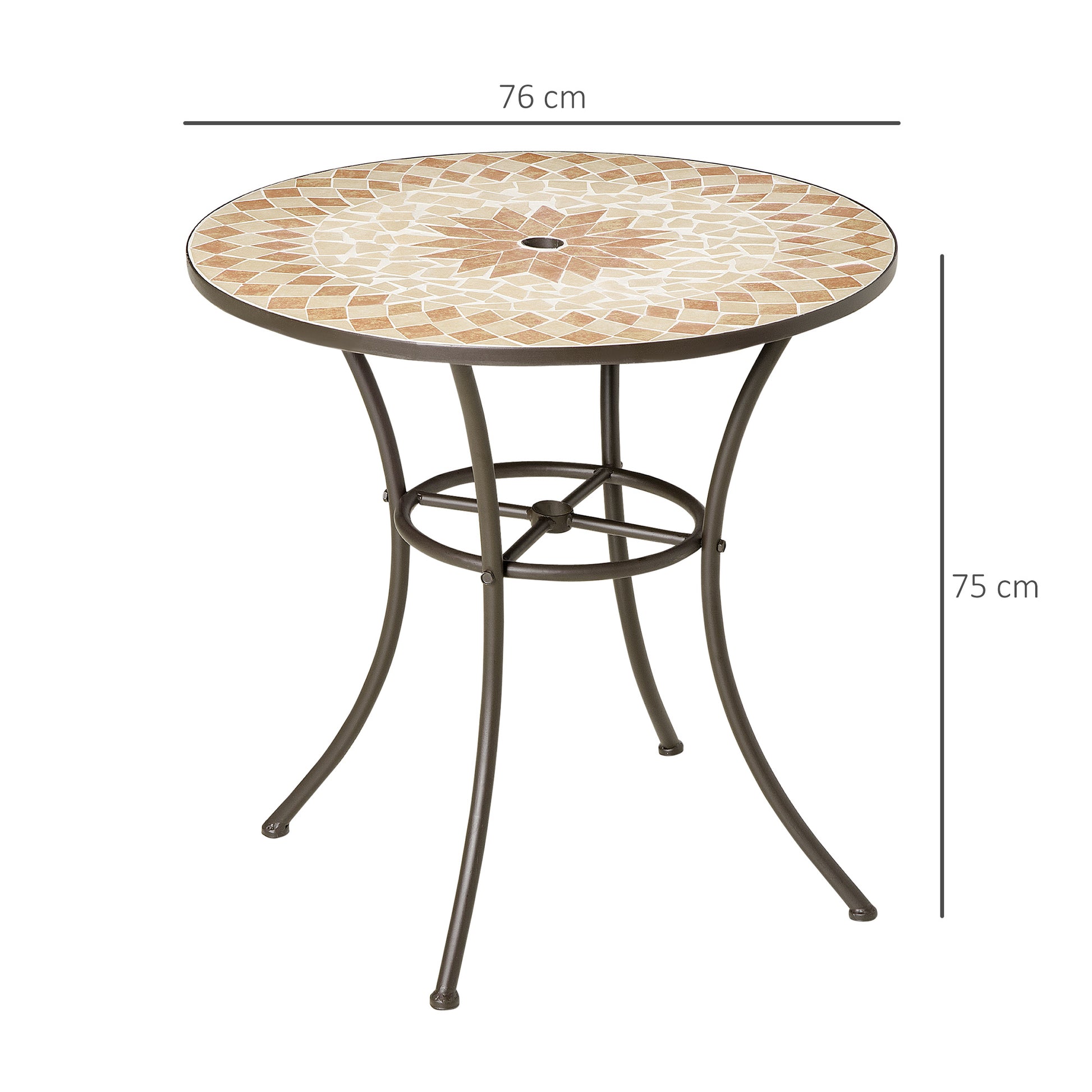 Outsunny Mesa de Jardín Redonda Mesa de Mosaico con Superficie de Cerámica y Macro de Metal Carga 60 kg para Patio Terraza Exterior Ø76x75 cm Beige y Marrón