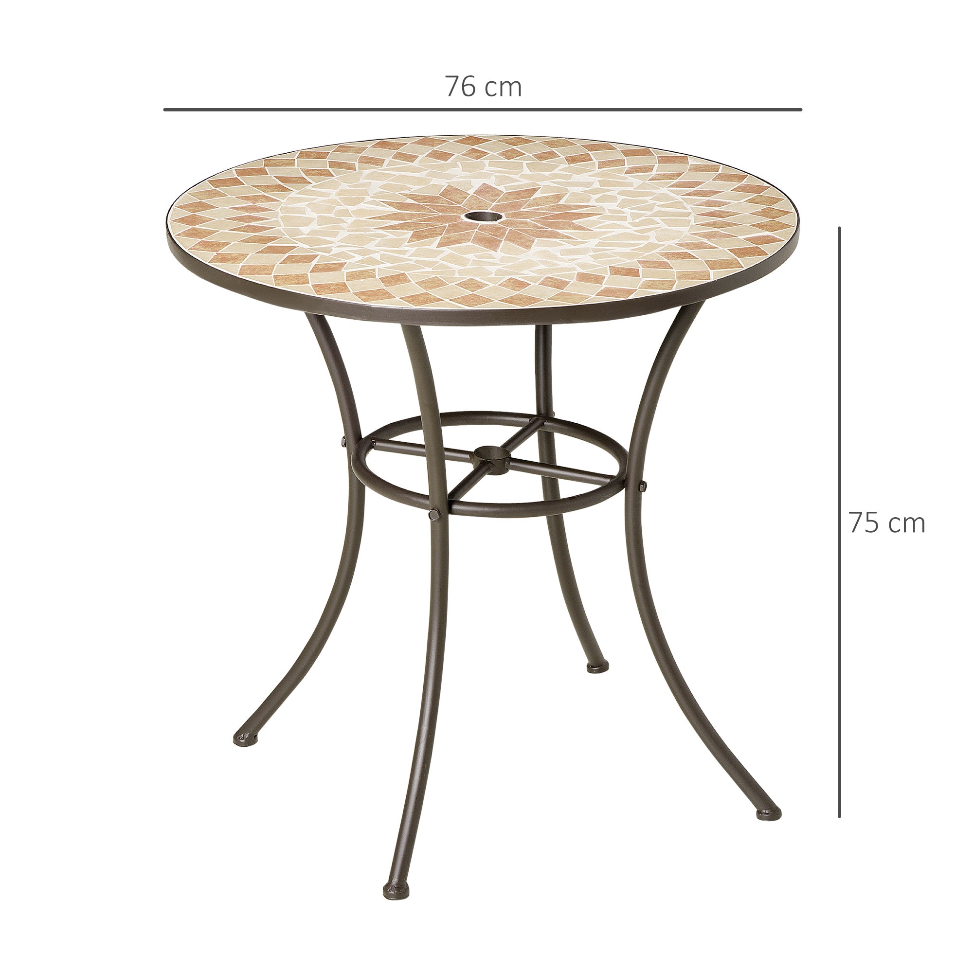 Outsunny Mesa de Jardín Redonda Mesa de Mosaico con Superficie de Cerámica y Macro de Metal Carga 60 kg para Patio Terraza Exterior Ø76x75 cm Beige y Marrón