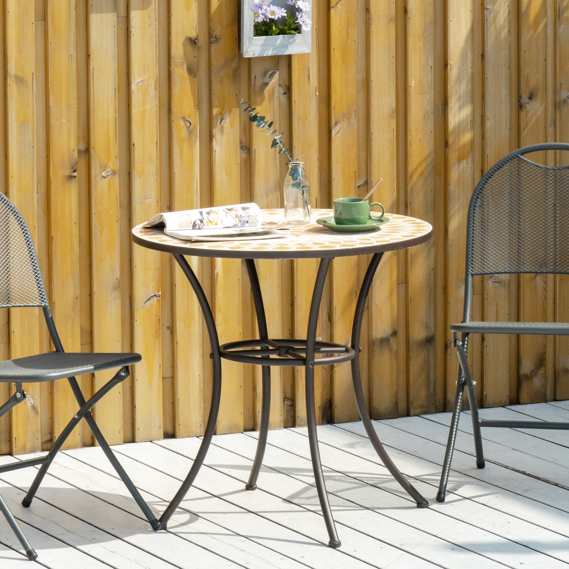 Outsunny Mesa de Jardín Redonda Mesa de Mosaico con Superficie de Cerámica y Macro de Metal Carga 60 kg para Patio Terraza Exterior Ø76x75 cm Beige y Marrón