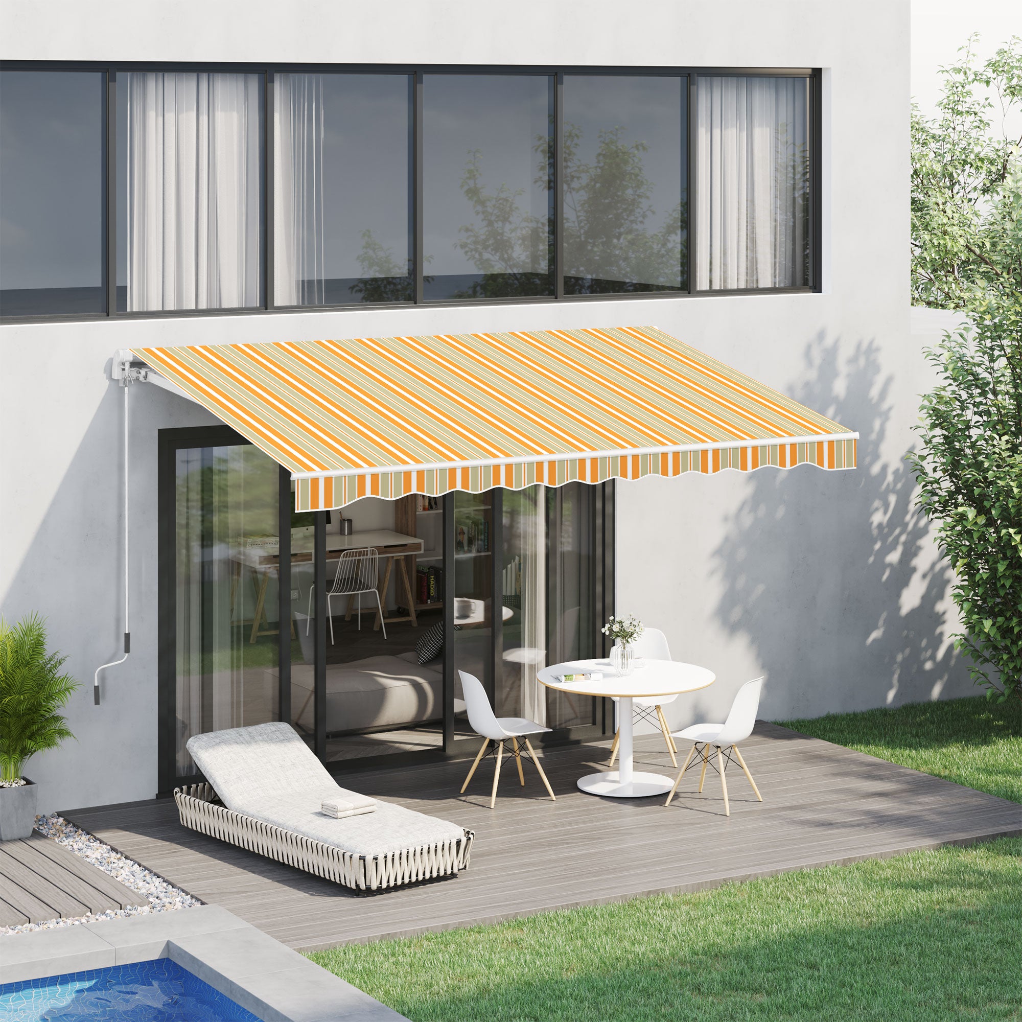 Outsunny Toldo Manual Retráctil 300x250 cm, Toldo Exterior Terraza con Ángulo Ajustable, Brazo Articulado, Montaje a Pared, Estructura de Aluminio, Anti-UV e Impermeable, para Jardín Amarillo y Blanco