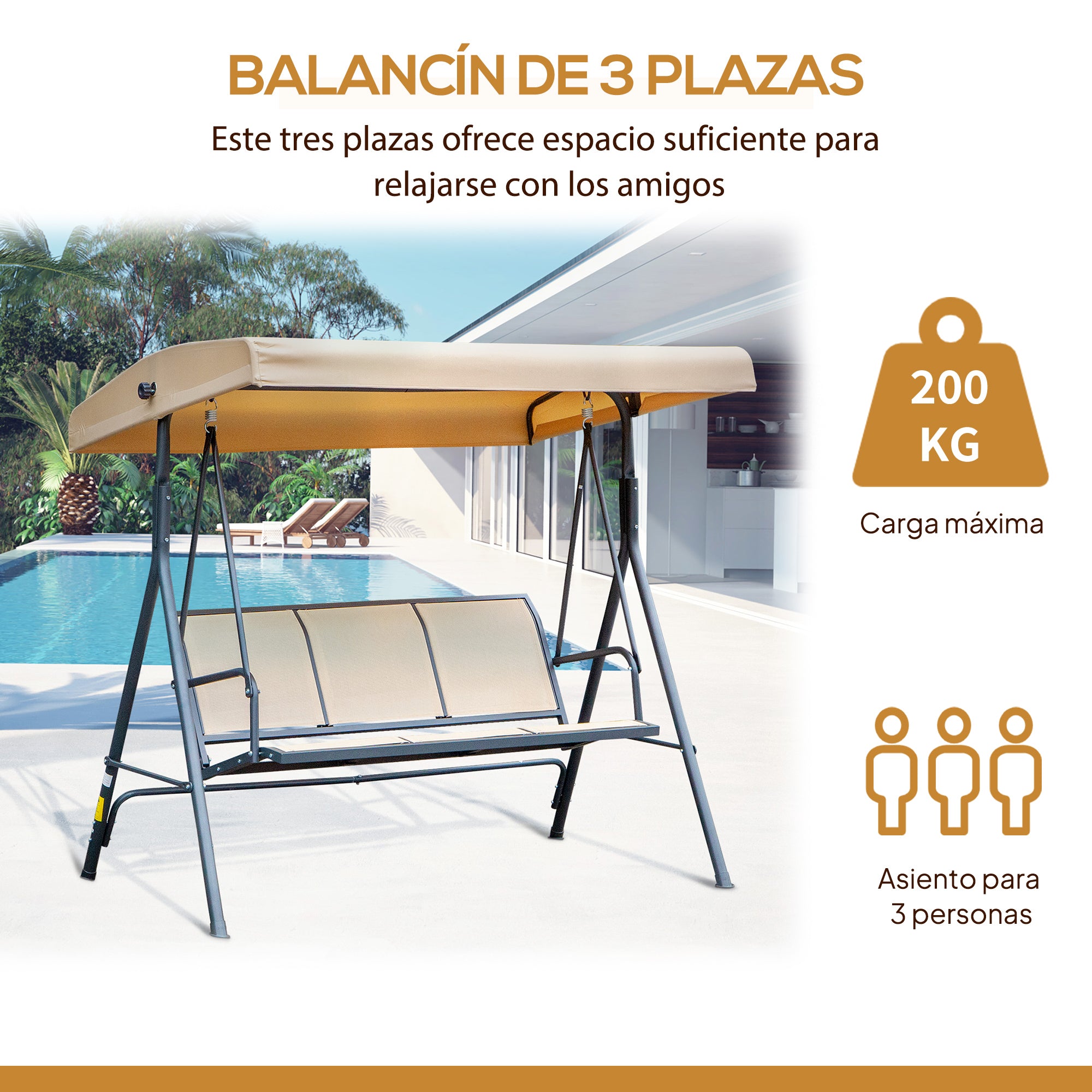 Outsunny Columpio de Jardín Exterior de 3 Plazas con Toldo Reclinable, Balancín de Jardín Exterior con Respaldo Transpirable y Marco de Acero, para Terraza Balcón, 175x118x159 cm, Beige