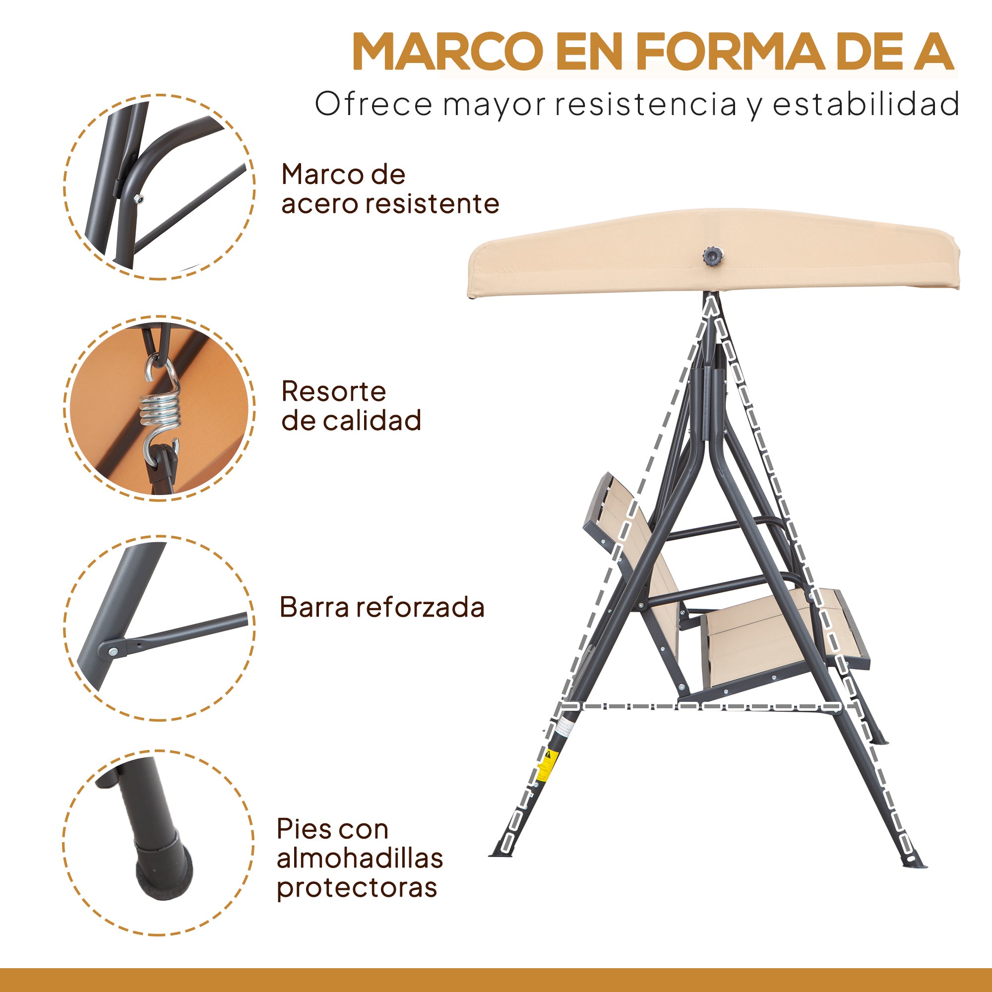 Outsunny Columpio de Jardín Exterior de 3 Plazas con Toldo Reclinable, Balancín de Jardín Exterior con Respaldo Transpirable y Marco de Acero, para Terraza Balcón, 175x118x159 cm, Beige